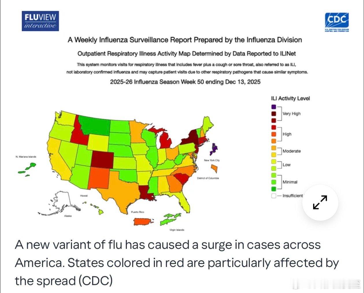 美国冬季流感，目前比较严重的地区（图中红色）： 