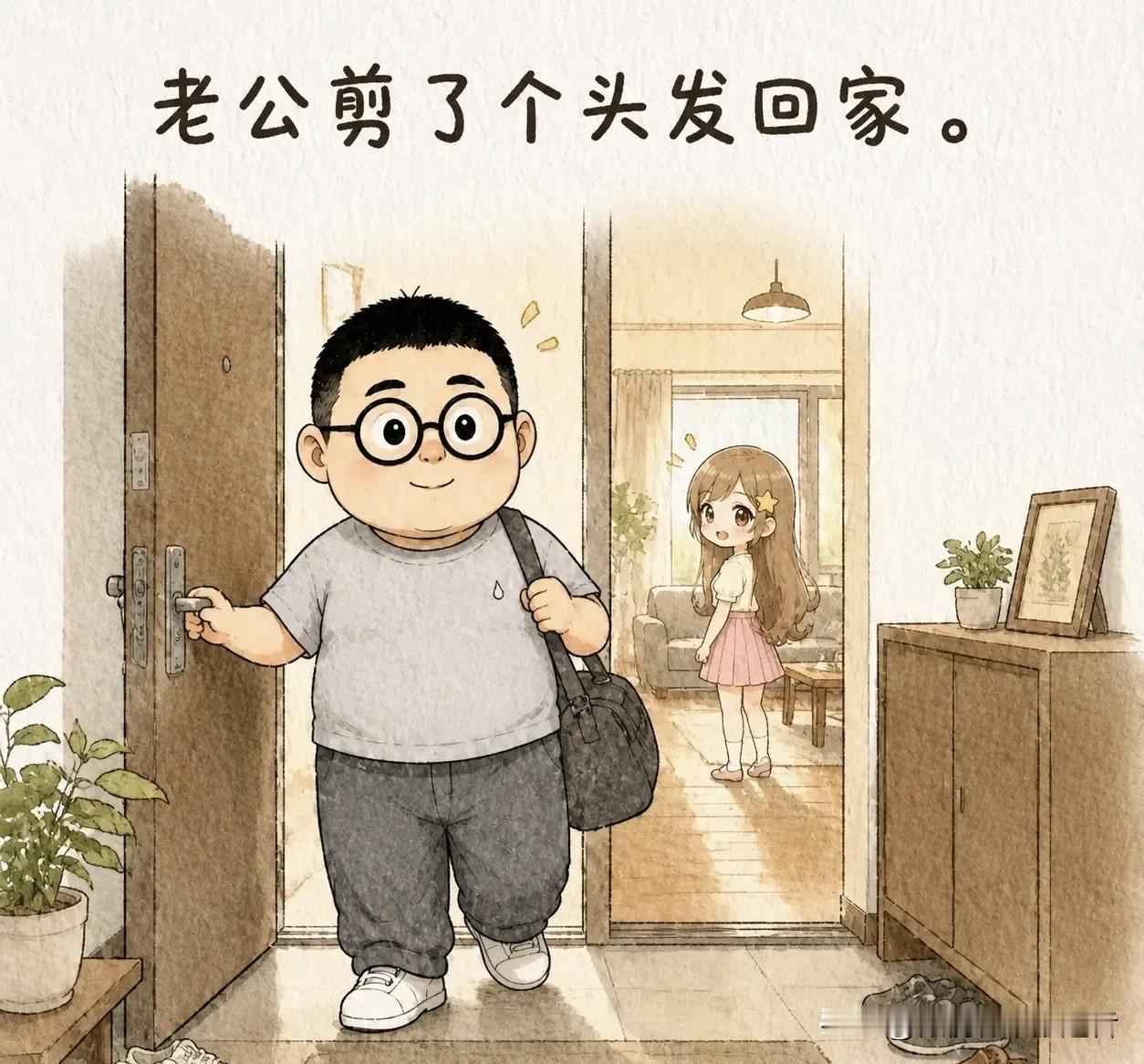 趣味漫画：老公剪了头发回家。老婆看了三秒，老公主动问：“怎么样？”老婆说：“挺好