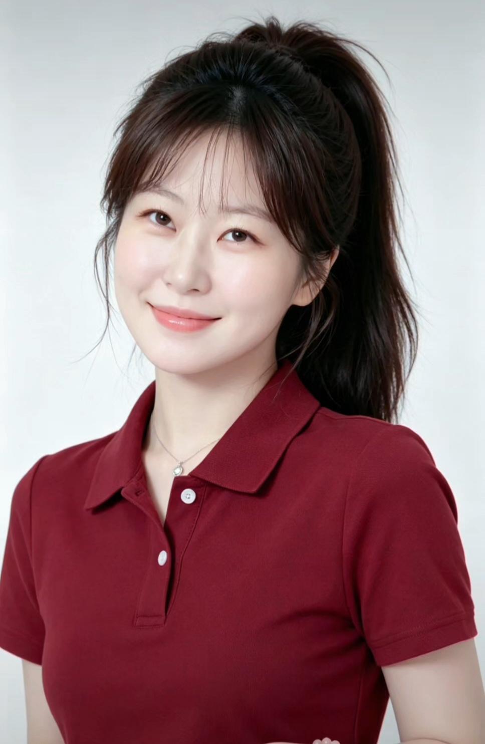 一个微笑的女孩穿着红色Polo衫。