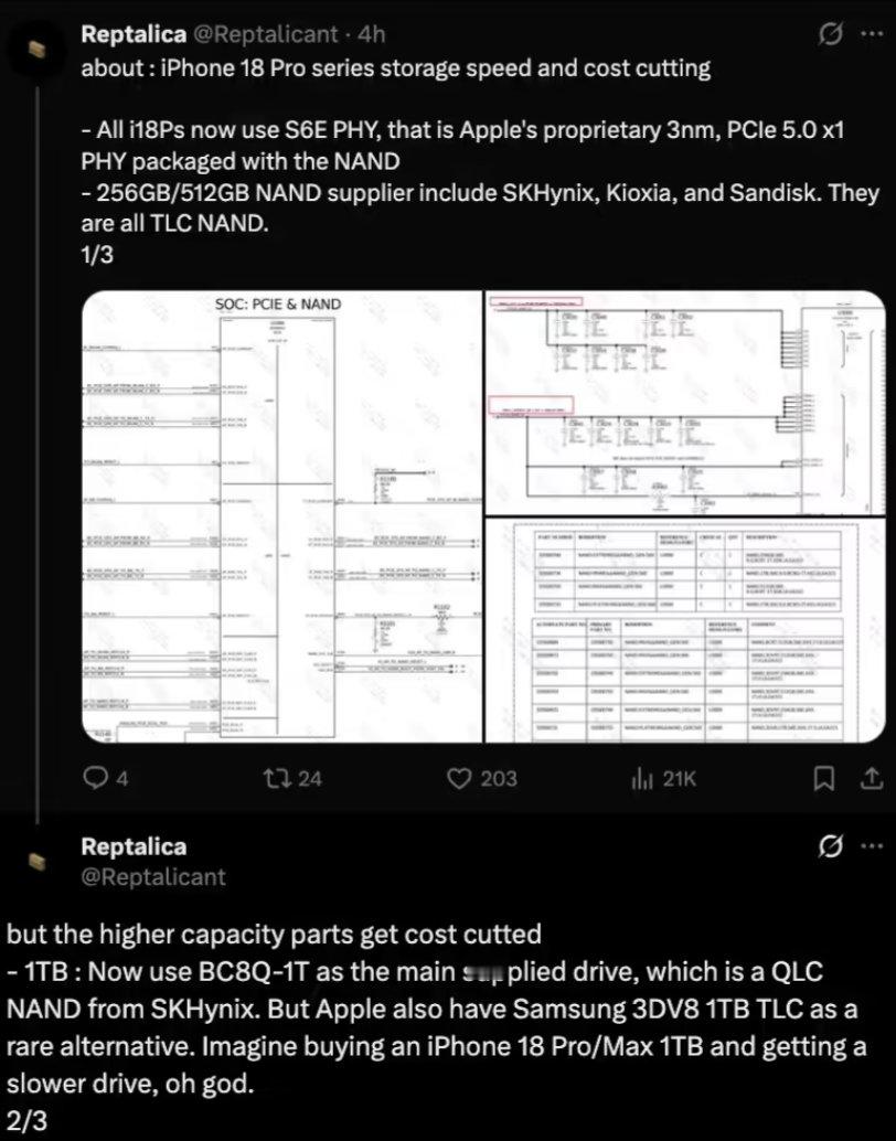【曝iPhone18Pro混用TLC和QLC闪存苹果或对高配iPhone18Pr