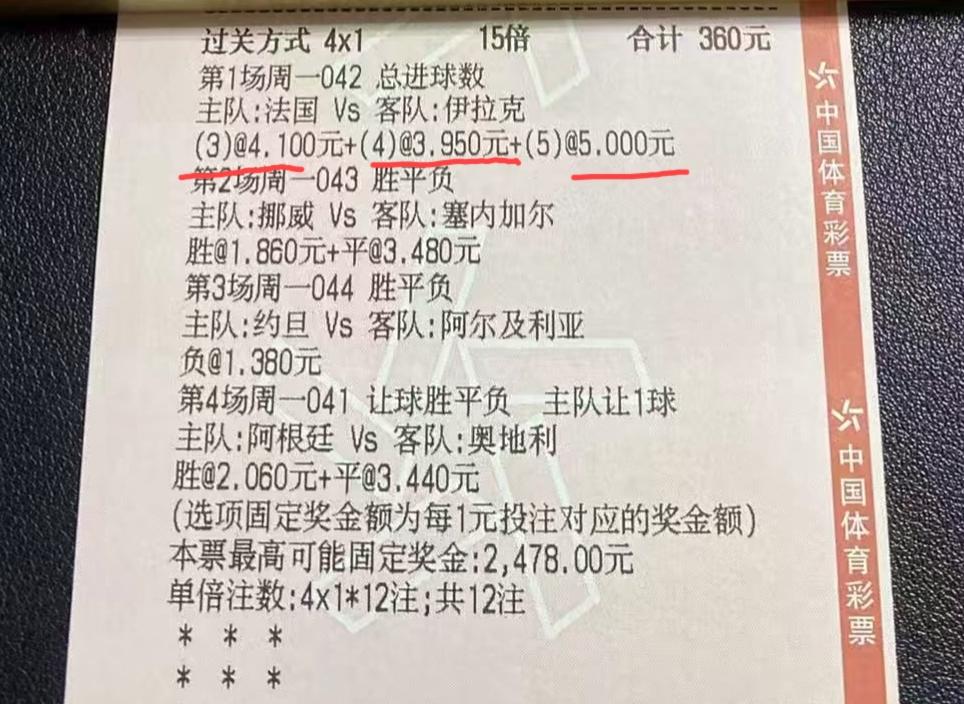 有没有大神出来解释一下，下面这张彩票中，法国vs伊拉克的这场比赛中，猜总进球数的