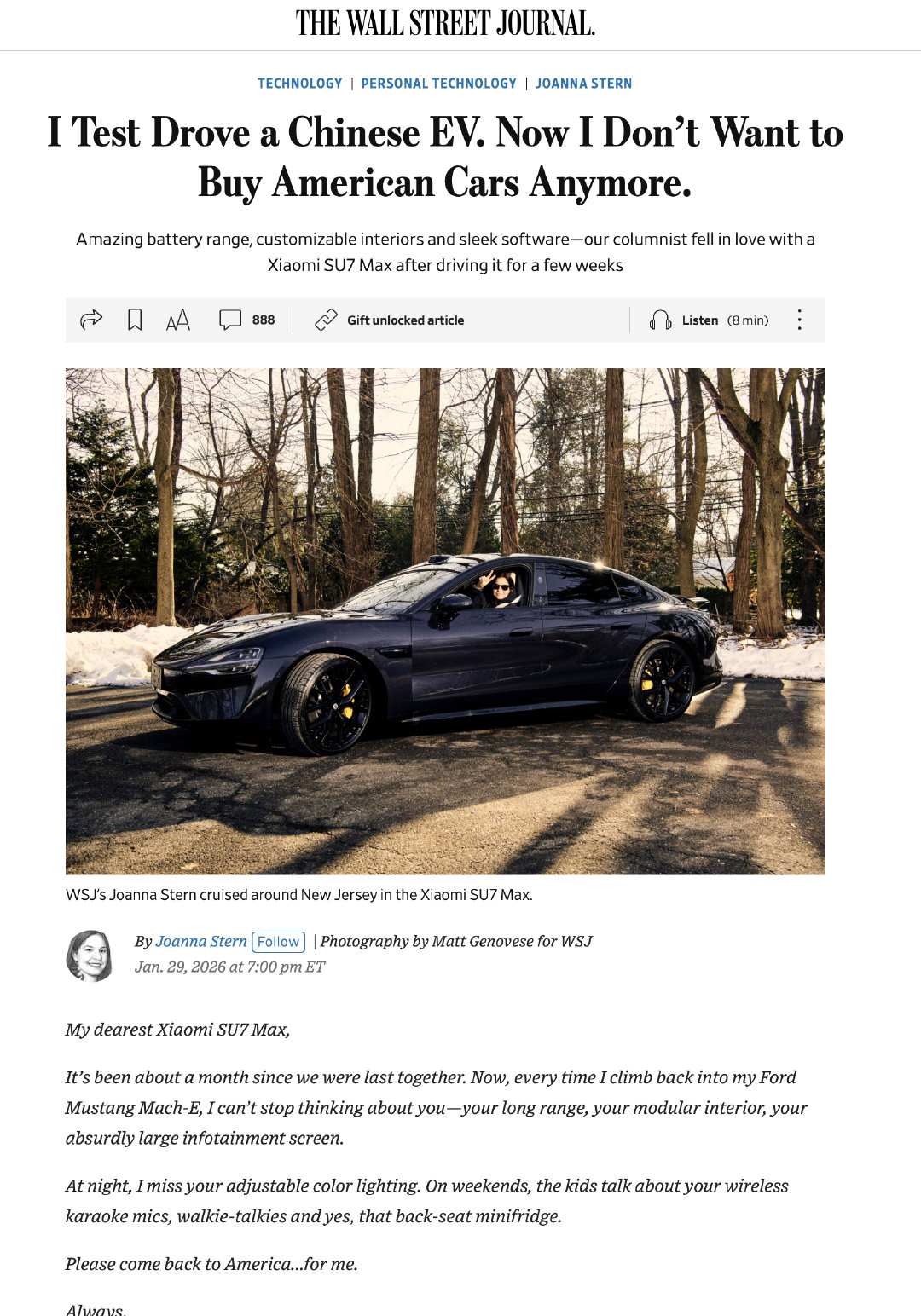 《我试驾了一辆中国电动车，现在我再也不想买美国车了》乔安娜·斯特恩（Joanna