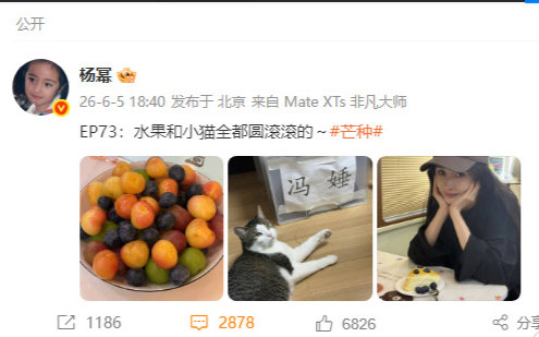 杨幂EP73抱着圆滚滚小猫水果杨幂在2026年芒种时节发布了EP73，主题围绕“