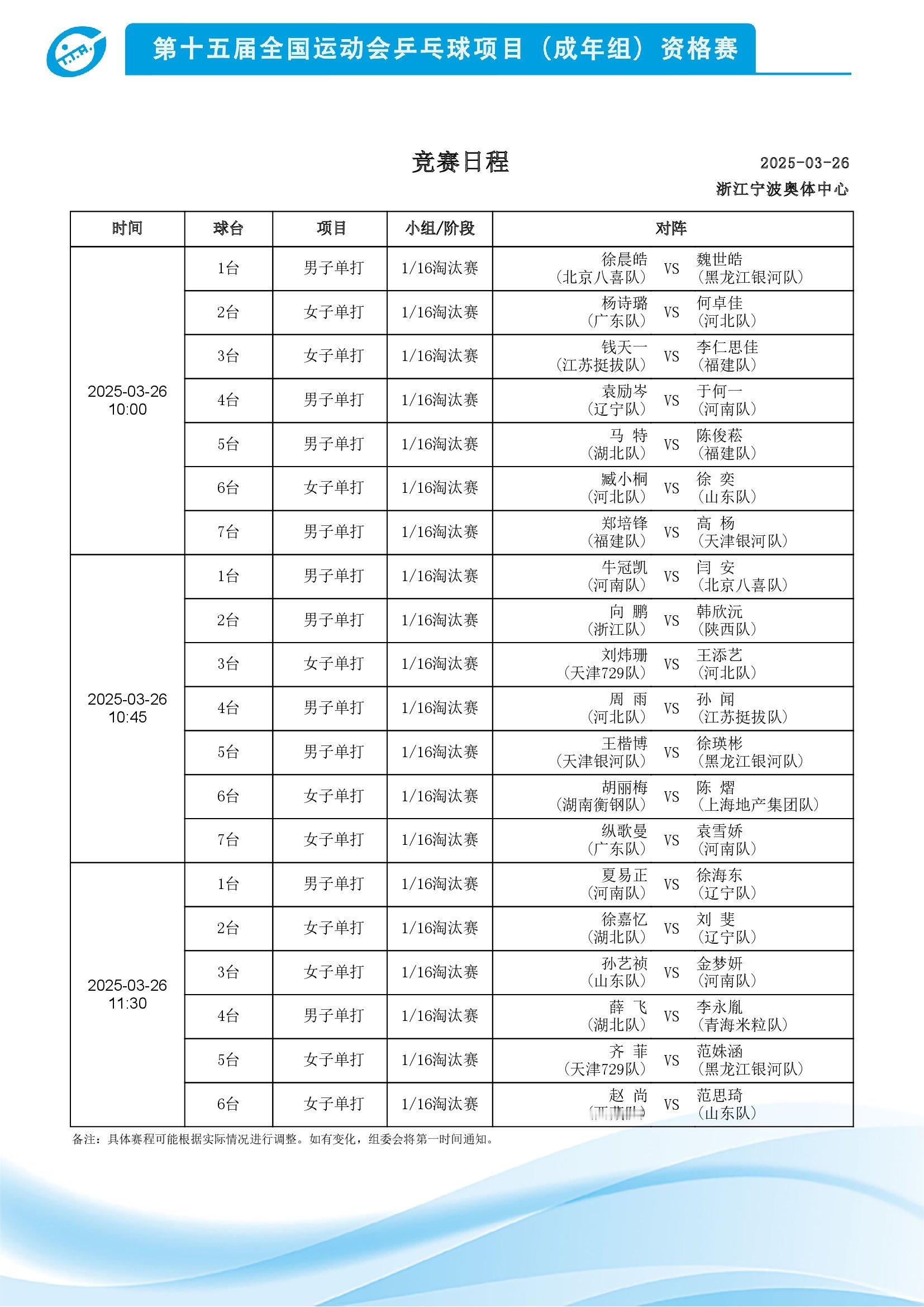 第十五届全国运动会乒乓球项目资格赛丨3月26日上午赛程 ​​​