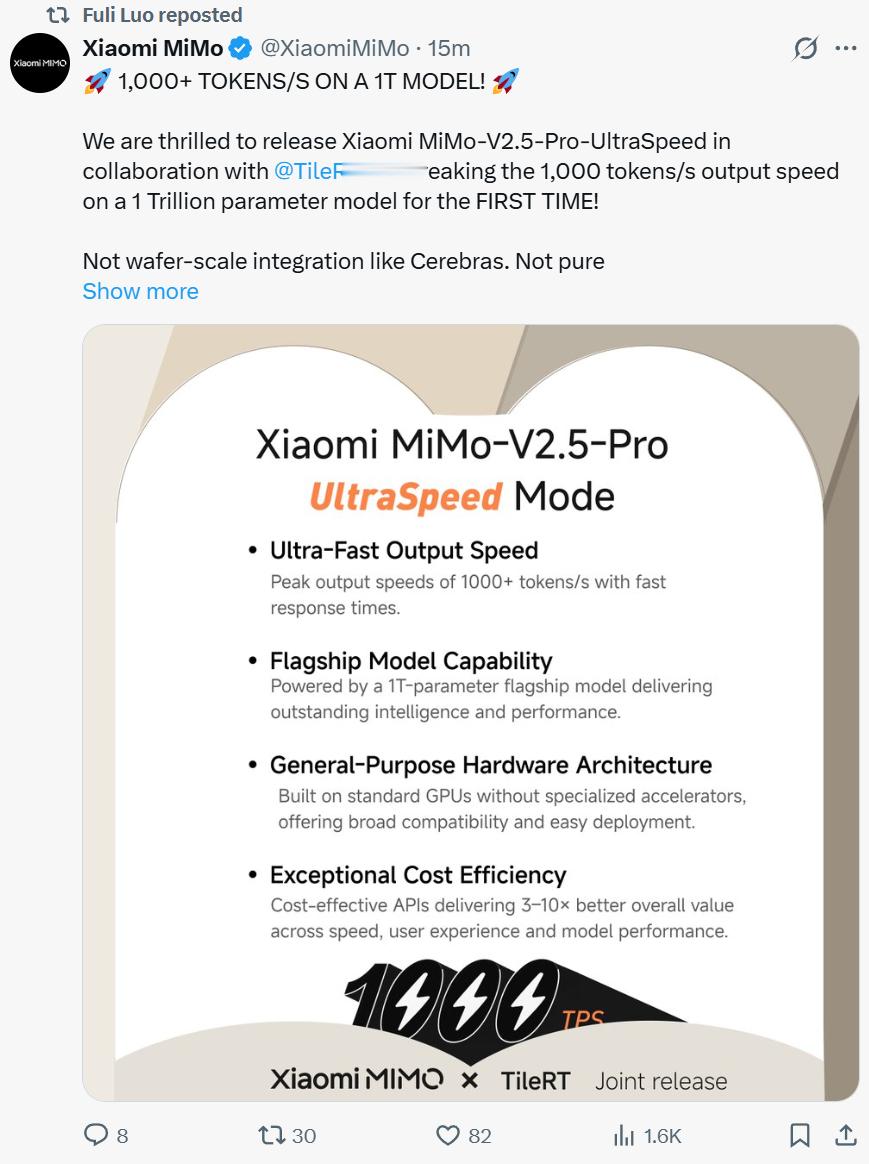 刚刚mi­mo官宣和Ti­l­e­RT AI联合推出Mi­Mo-V2.5-Pro