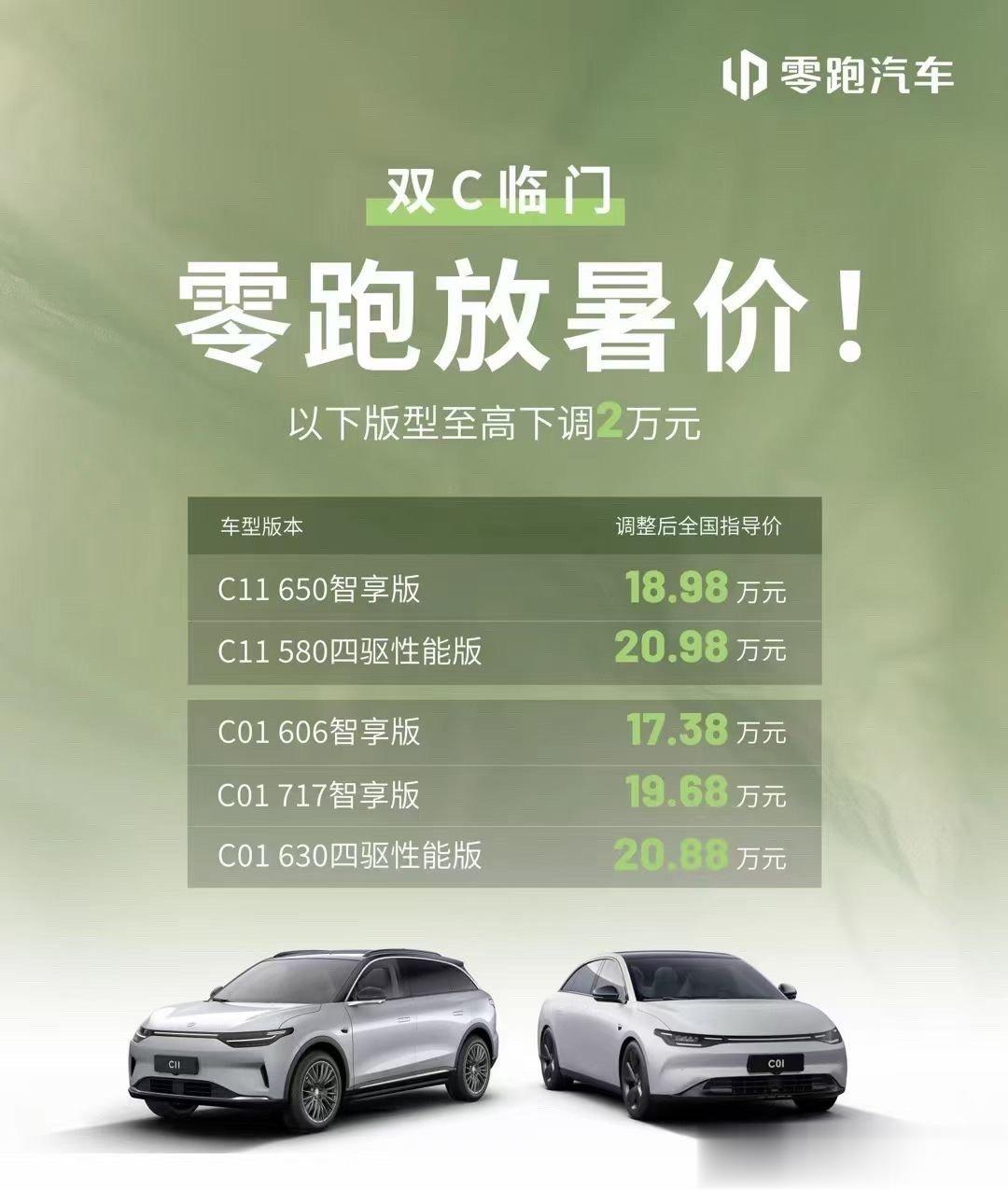 昨天预告今天就官宣，零跑C01和C11的降价来了，高配和四驱版最高降2万。在卷性