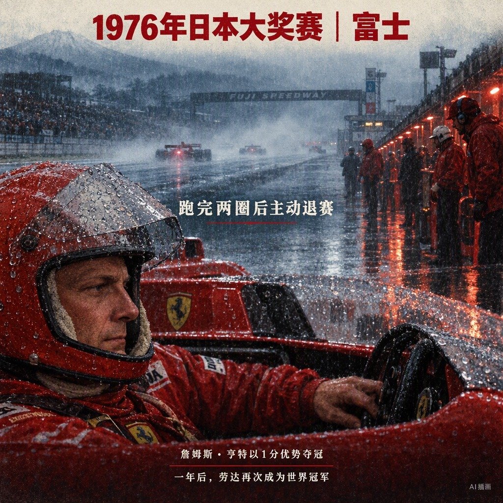 1976年日本大奖赛，尼基·劳达只跑了两圈，就把法拉利开回维修区，关掉发动机。那