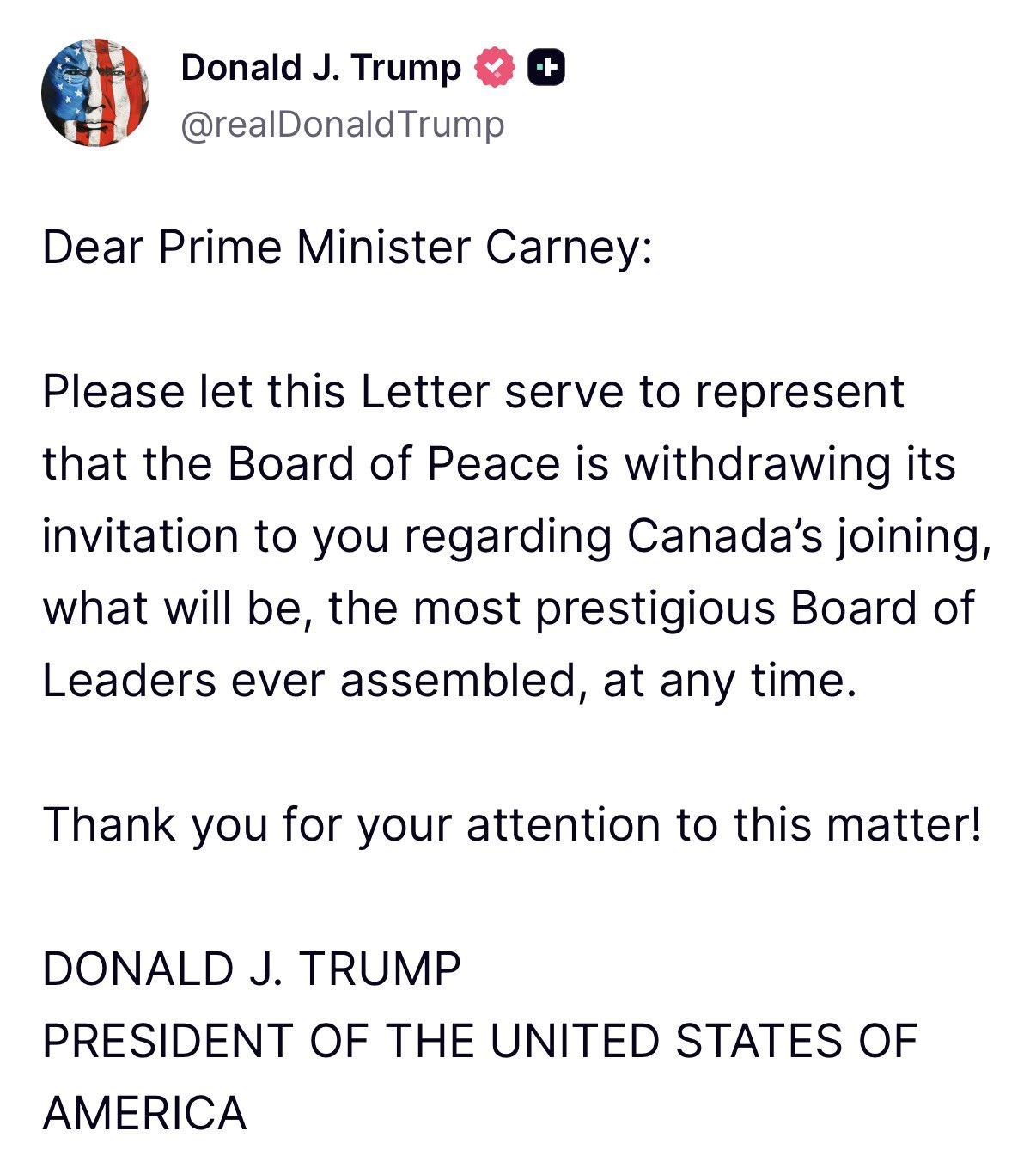 新闻快讯——特朗普官宣取消加拿大加入和平委员会的受邀资格，事因加方人士此前在达沃