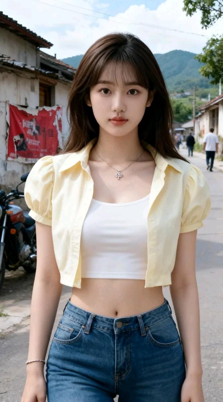 穿得休闲，走在乡村小路上。好看的美女壁纸推荐 一张照片能证明你也骑行 美女风景壁