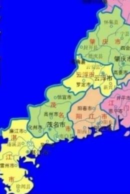 广东省有21个地市，似可一分为二，设南海舰队驻地为直辖市，那是湛江市，辖湛 茂 