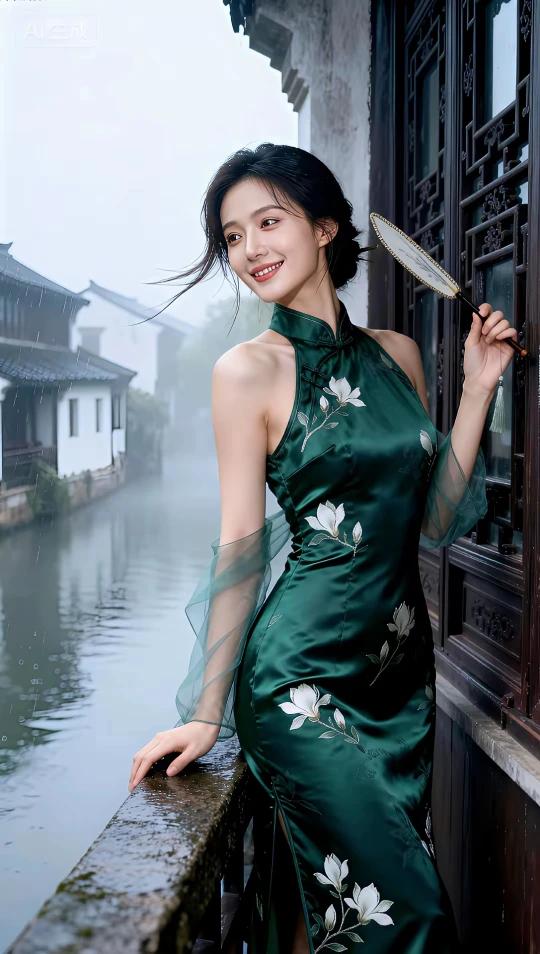 浅笑嫣然百媚生，
绿色旗袍衬娇容。
眉似春山寒远黛，
眸若秋水映繁星。