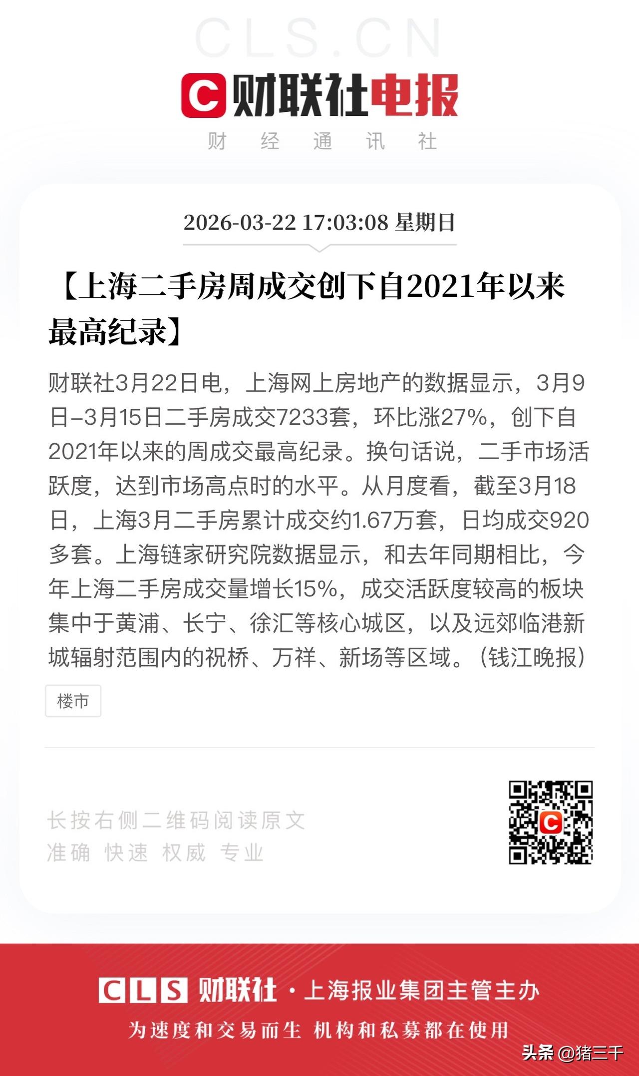 一线城市的房产才是家族财富传承首选！
在前一个周，
上海二手房成交创下2021年