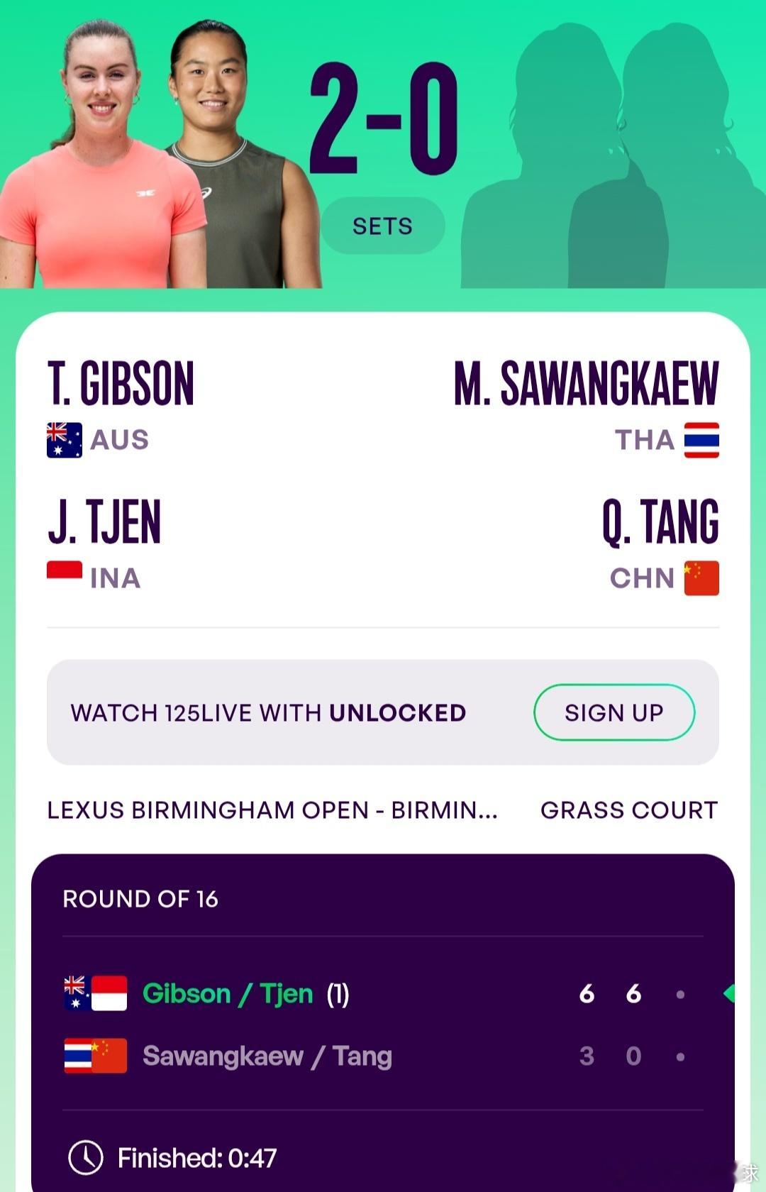 WTA125伯明翰站🇬🇧女双第1轮汤千慧🇨🇳/萨王凯🇹🇭3-6/0-