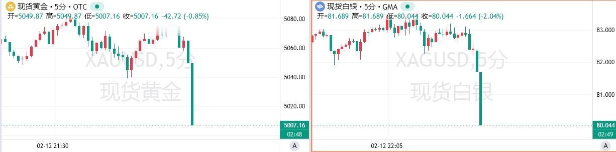 现货金银短线走低
2月13日，现货金银短线走低，现货黄金日内跌超1%，现报503