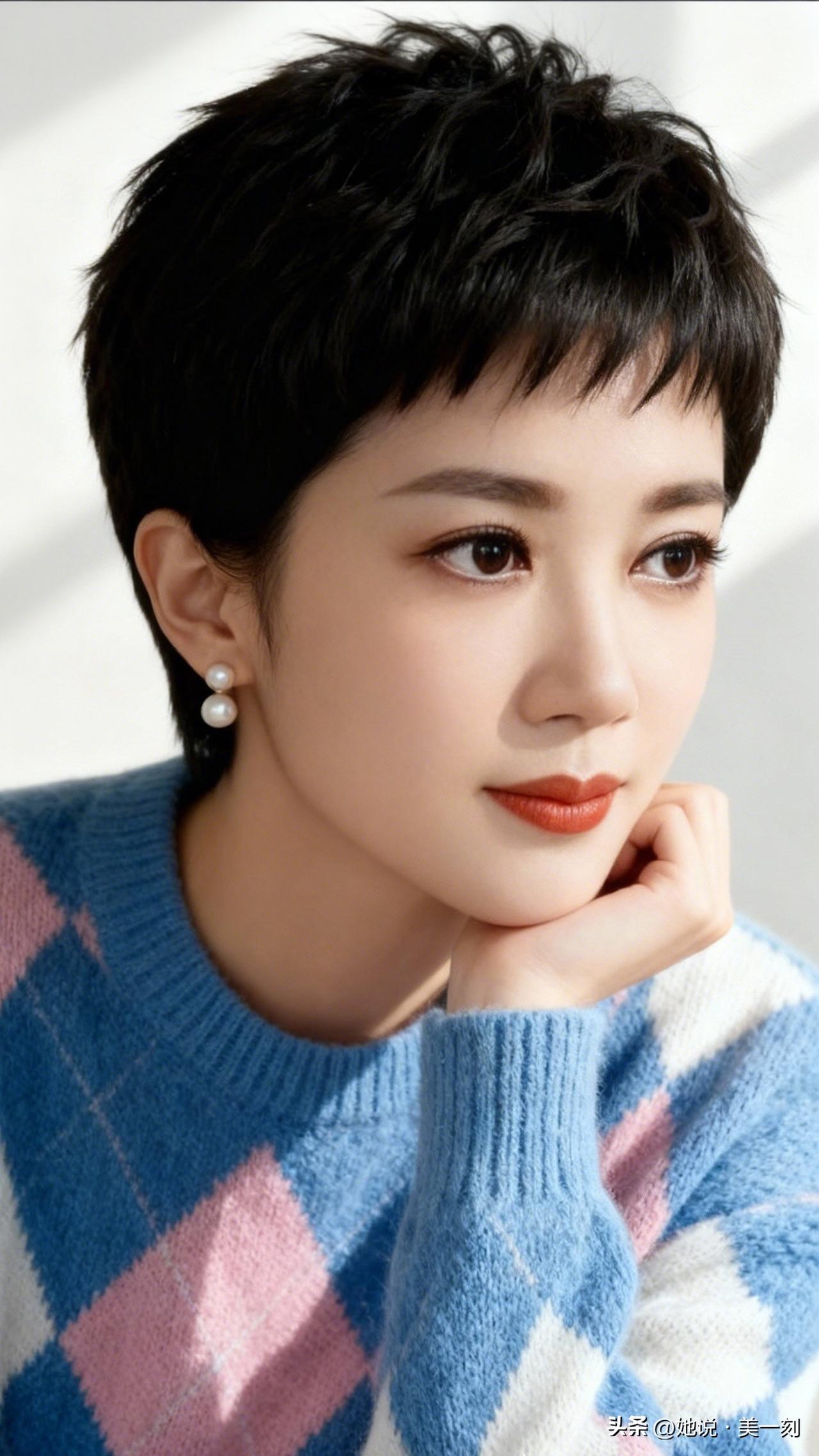 温柔短发，蓝粉格子毛衣，甜美可人，气质满分！💖🌸拍照时怎么拍才好看