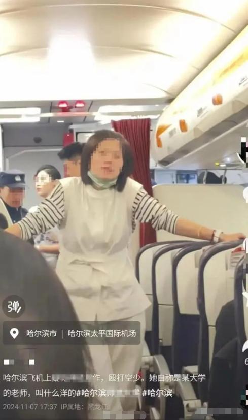 女子在飞机上闹事，还自称是哈师大的老师，没想到哈师大直接报警。
 
一趟从哈尔滨