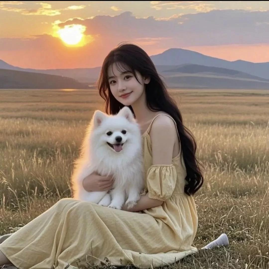 在金黄的麦田里，我和我的小白狗一起享受这浪漫的日落时光。🌞🐾萌宠白狗 小姑娘