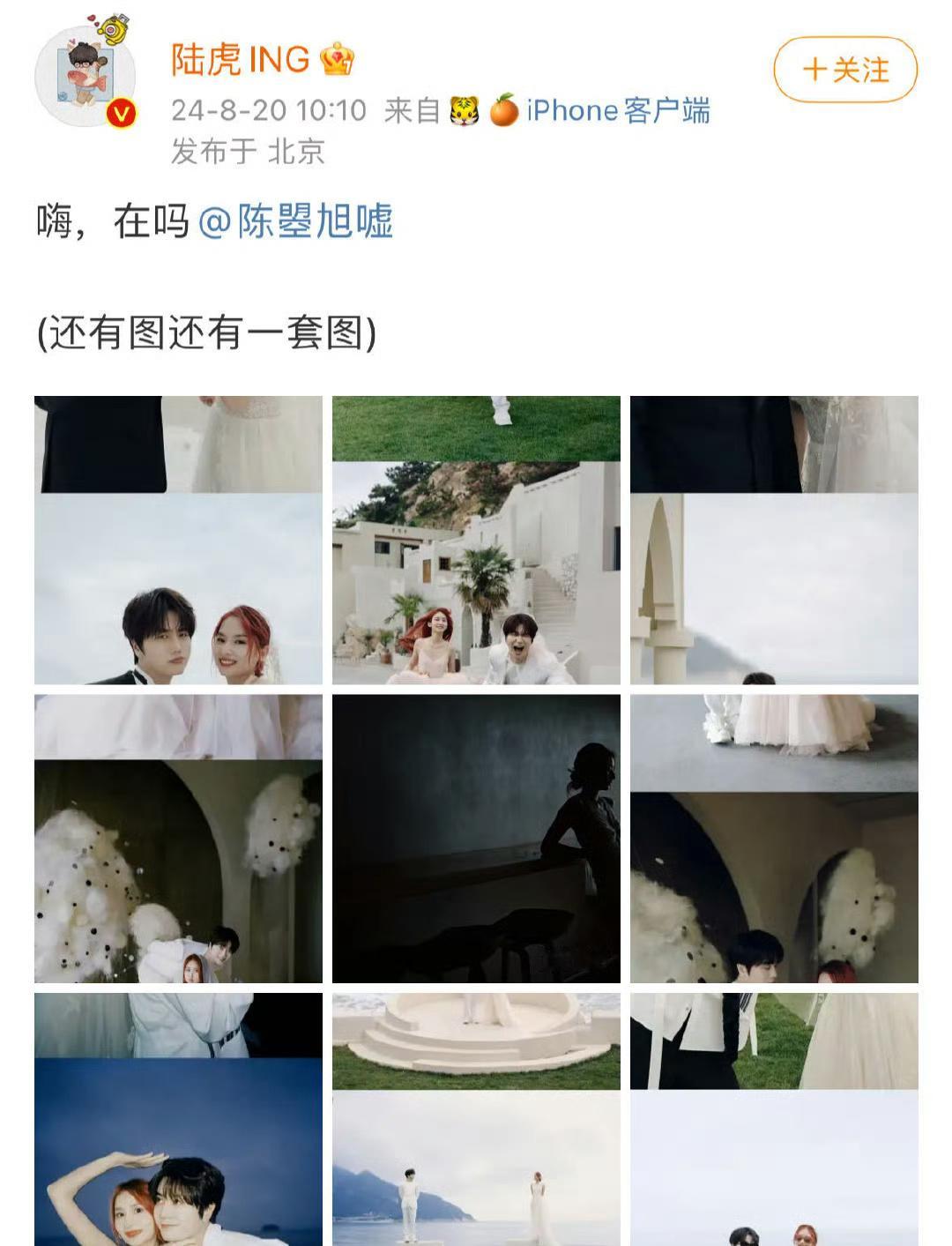 #陆虎婚纱照#陆虎分享了和老婆陈曌旭的婚纱照。真是幸福感满满啊，隔着屏幕都能够感