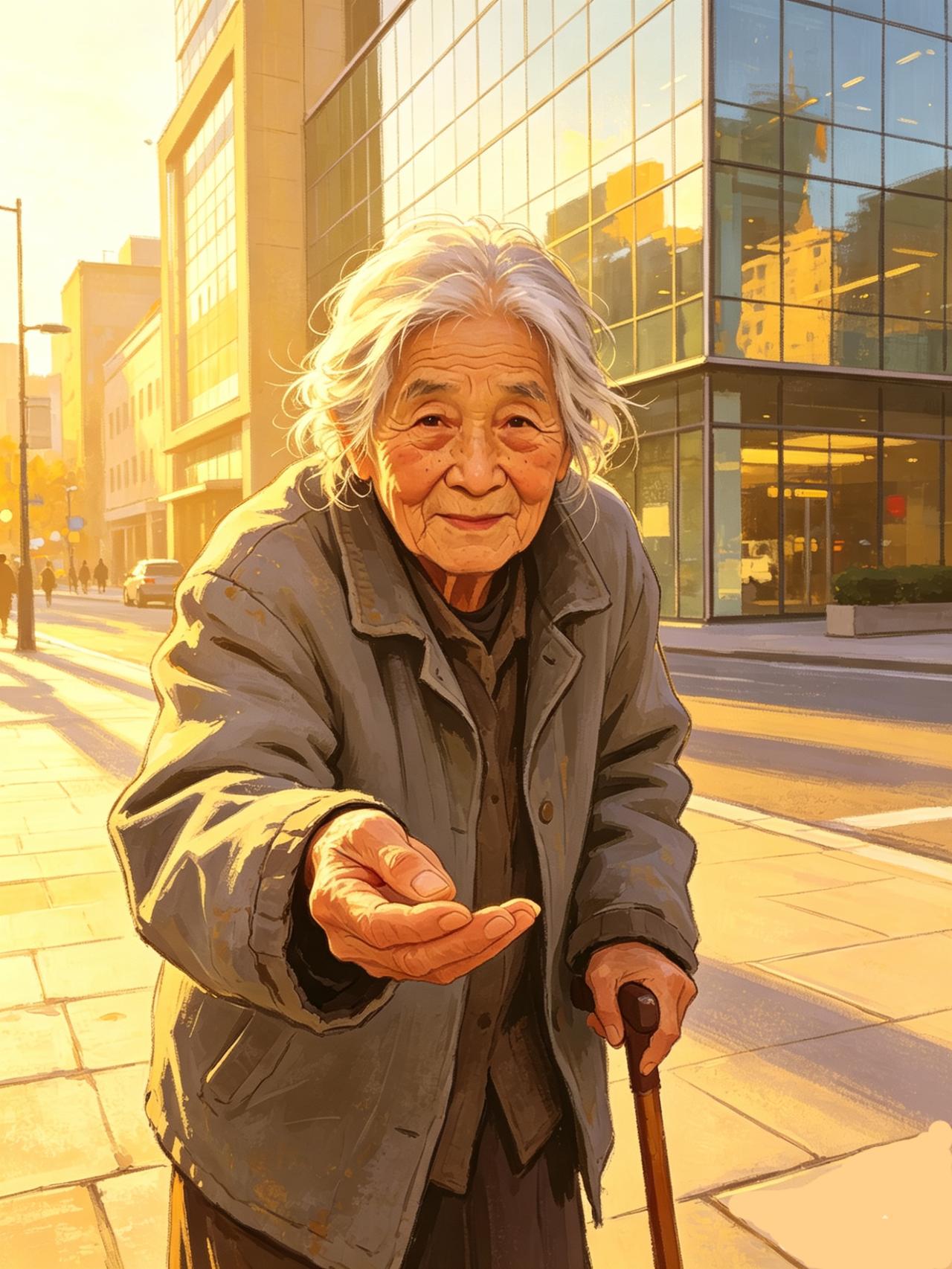 早晨，去买早餐，
迎面走来一个老奶奶，一手住着拐杖，一手伸向我，对我说：“姑娘，