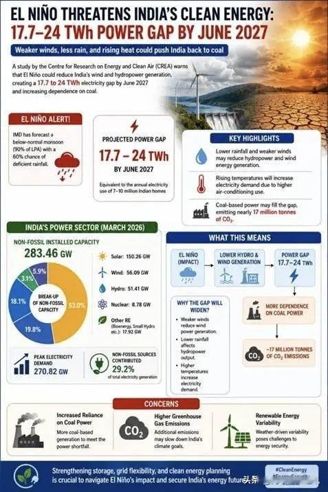 彭博社7月7日报道，受厄尔尼诺引发的干旱天气影响，印度6月份水力发电量同比骤降近