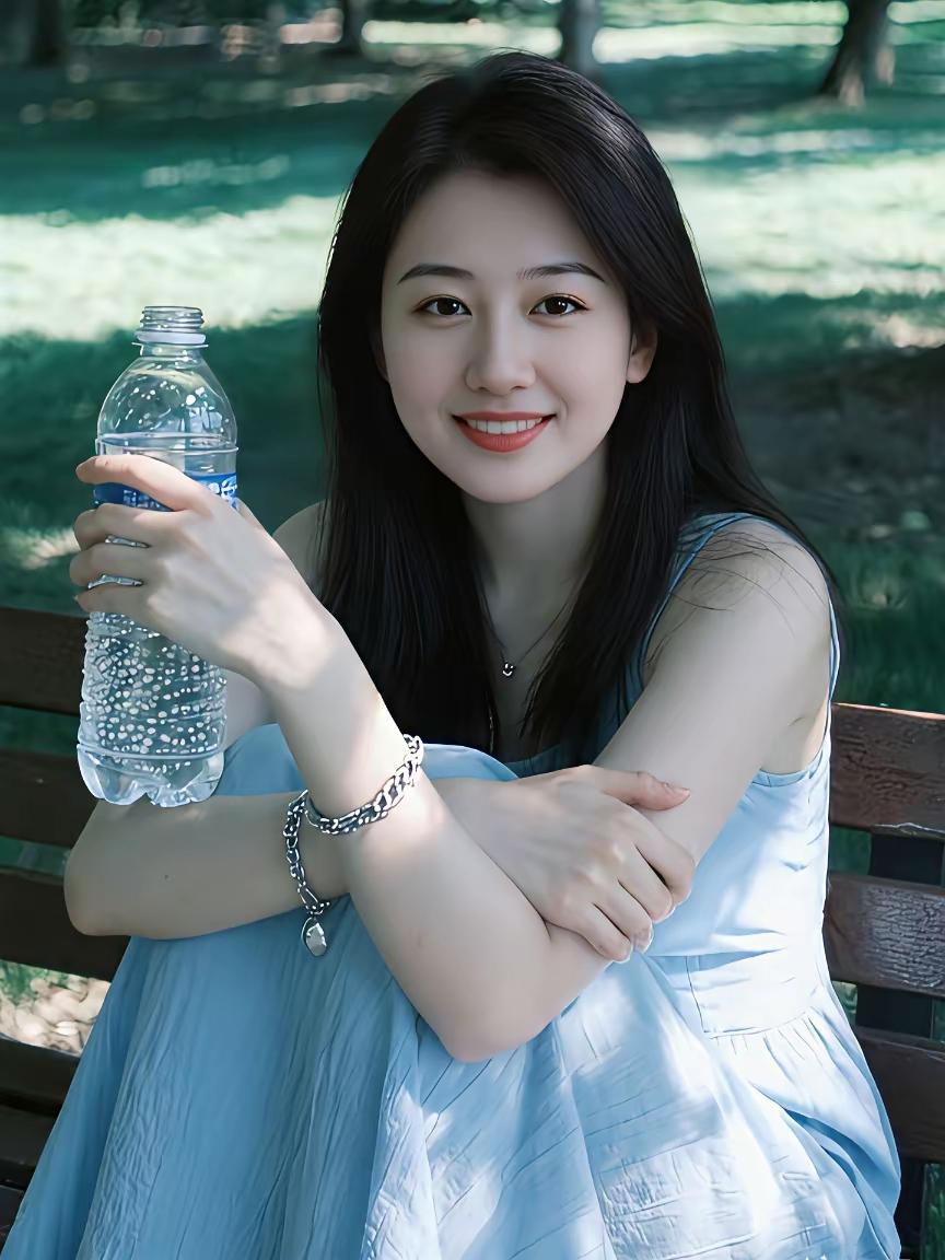 一个女孩在公园长椅上喝饮料。