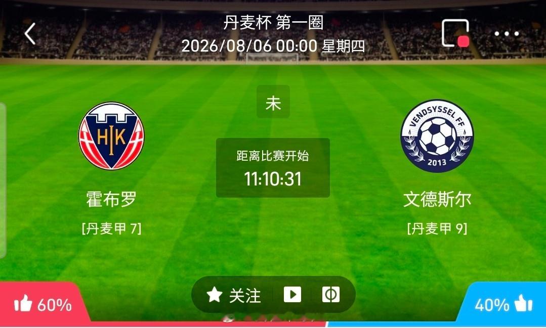 【北单】周三8丹麦杯方向：霍布罗vs文德斯尔丹麦杯：霍布罗VS文德斯尔时间：20