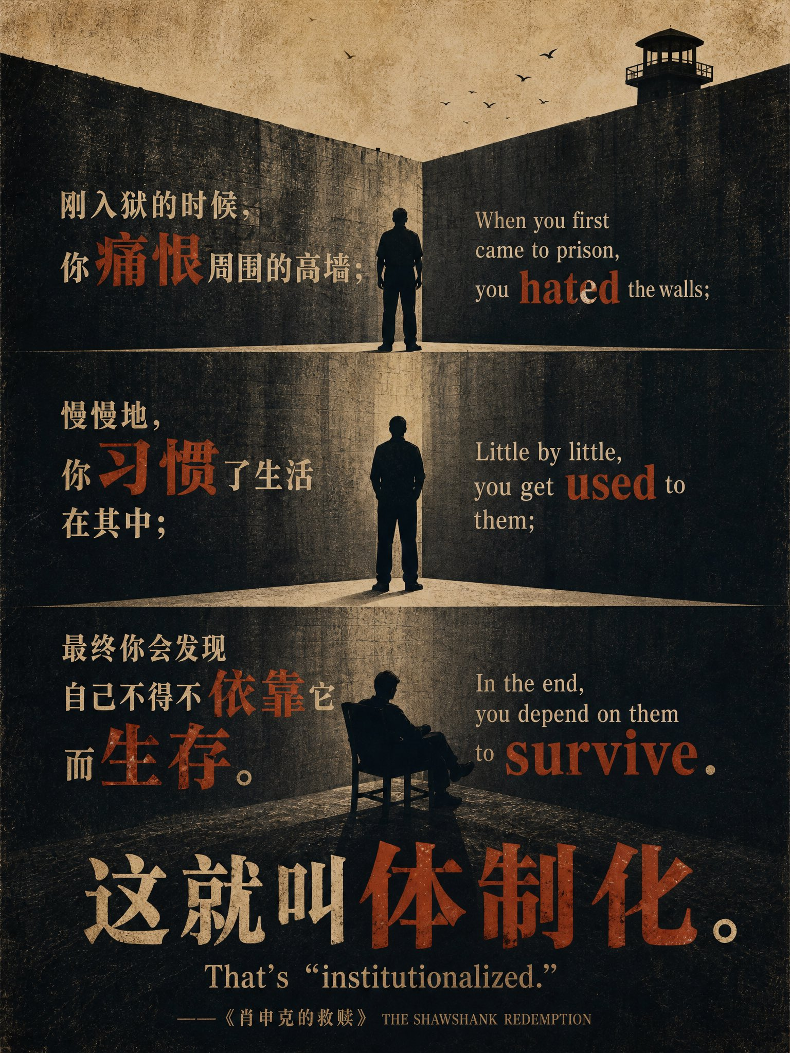 这些墙很有趣。刚入狱的时候，你痛恨周围的高墙；慢慢地，你习惯了生活在其中；最终你