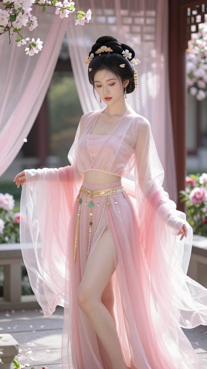 仙气飘飘的汉服仙女，粉嫩柔美的纱裙，古典优雅的气质，宛如画中人。