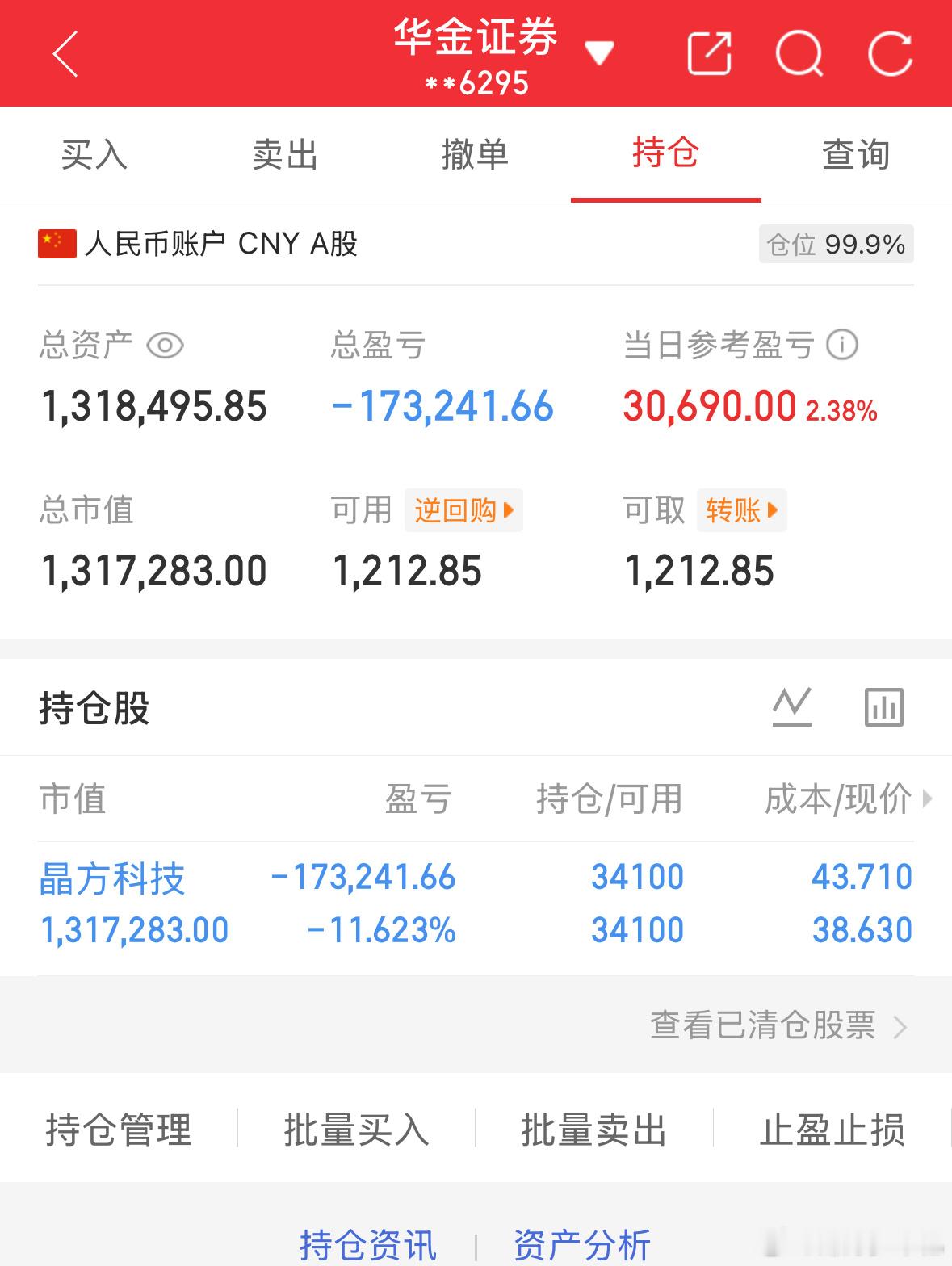 6.2炒股第157天（初始50万）总资产：1318495当日参考盈亏：+3069