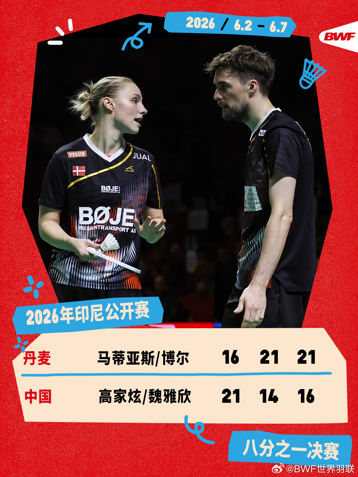 2026年印尼羽毛球公开赛 次轮赛况🔥马蒂亚斯/博尔2-1高家炫/魏雅欣高家炫