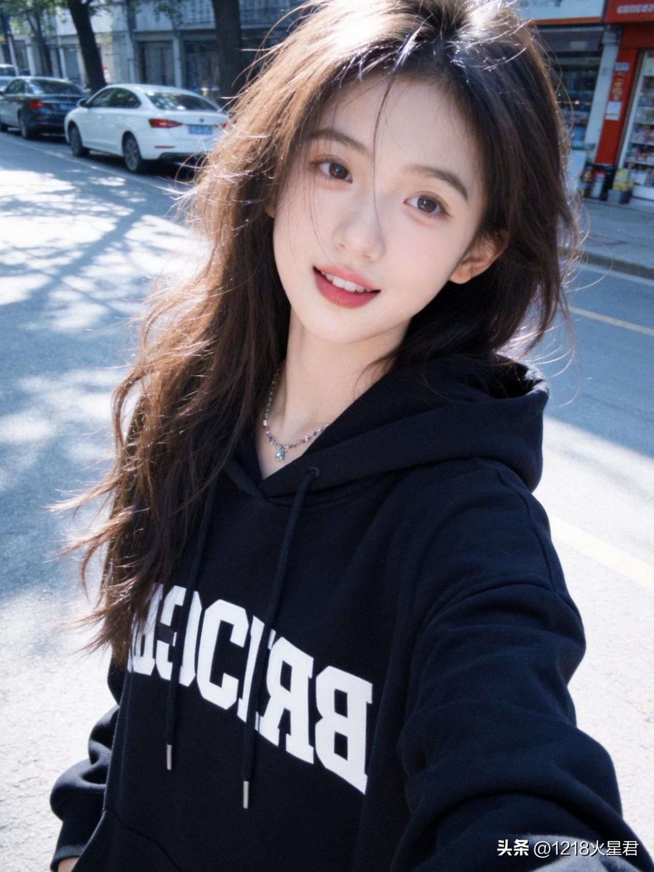 阳光明媚的街头自拍，元气满满的一天开始啦！🌞💕