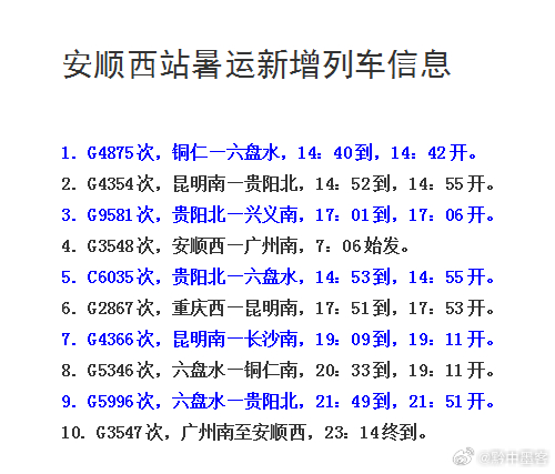 便民信息 【安顺西站增开十趟列车，运能提升保障暑运出行】7月1日，2026年全国
