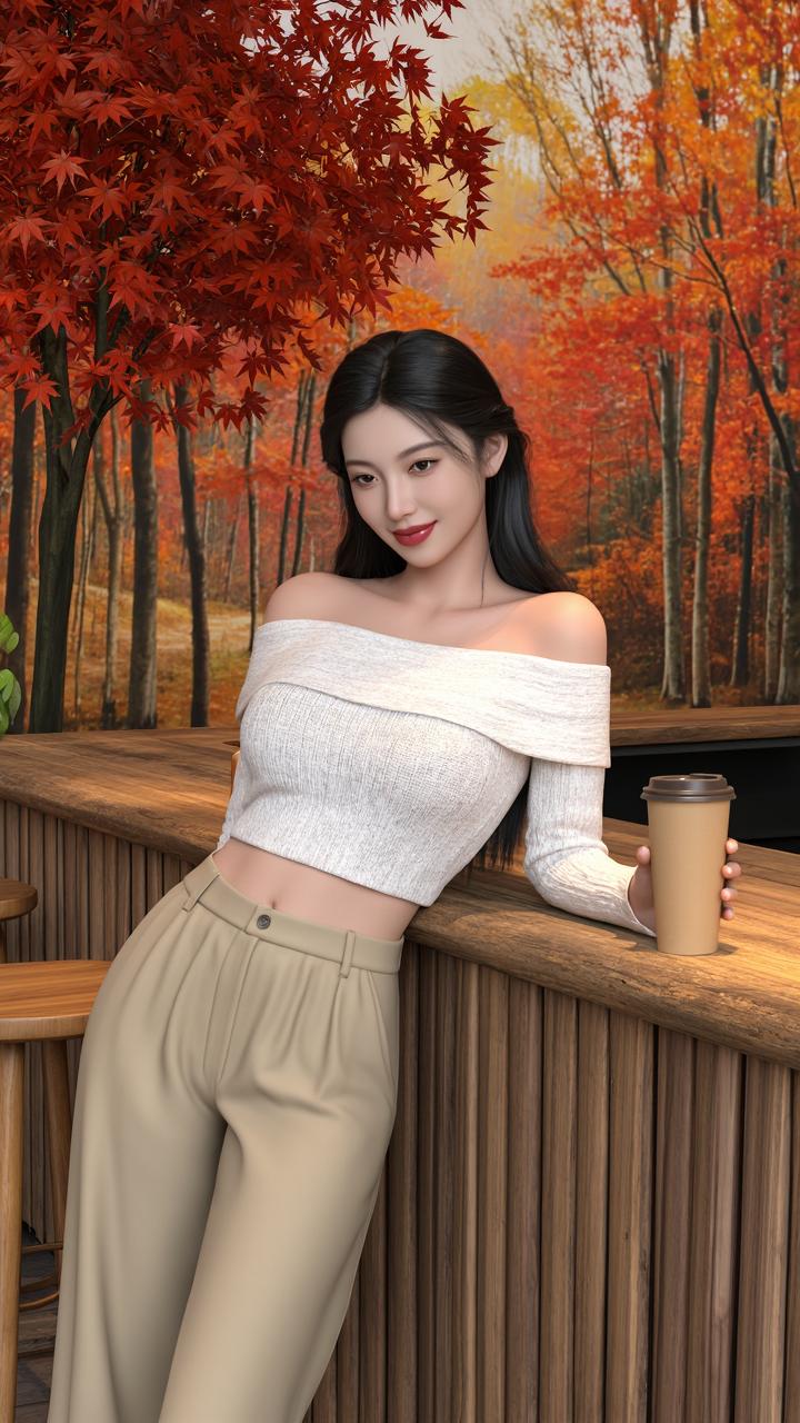 秋日森林咖啡馆，暖阳下的少女，享受宁静时光。