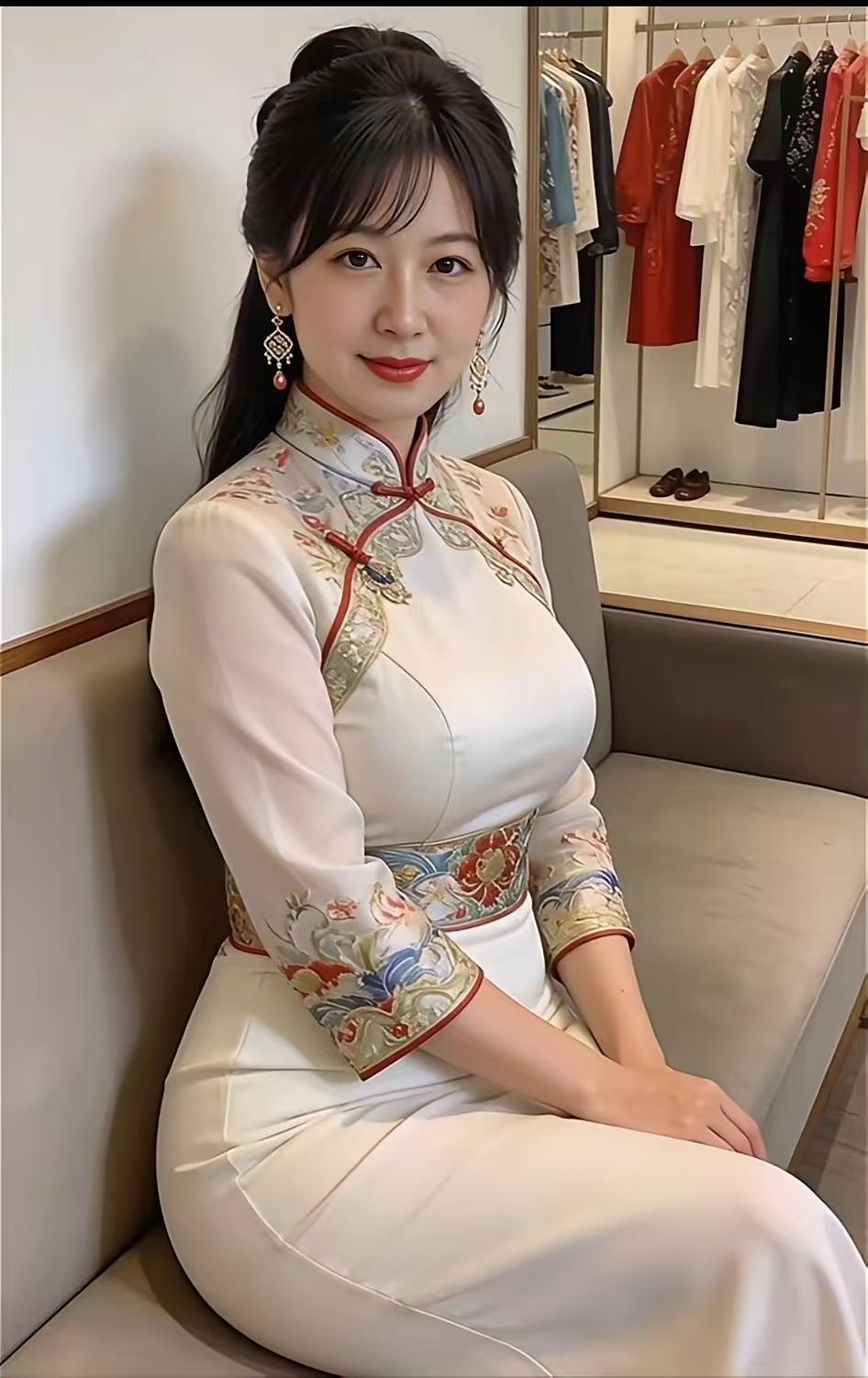 山坡羊·绣襟雅坐美女
素袍织绣，
红襟添秀，
盘领霞影风姿透。
鬓珠悠，韵长留。