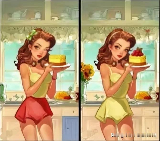 红唇轻启笑如花，美味佳肴伴佳人
考眼力请找出十处不同[灵光一闪]