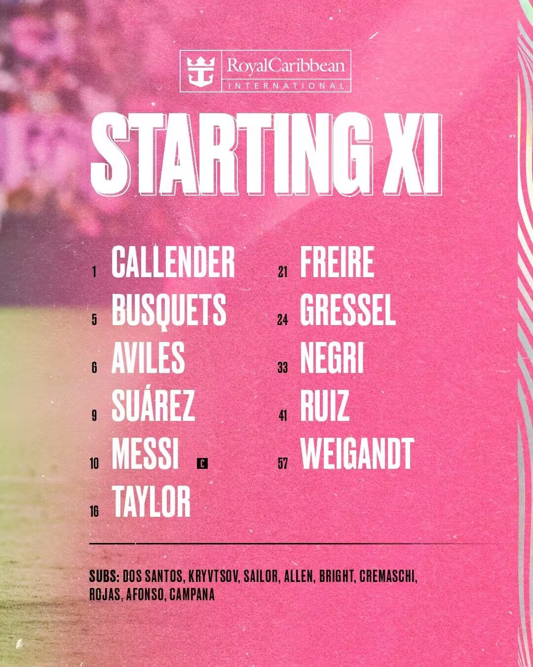 迈阿密国际首发出炉！梅西领衔！[可怜][可怜][可怜]完整首发：1-卡伦德、-阿