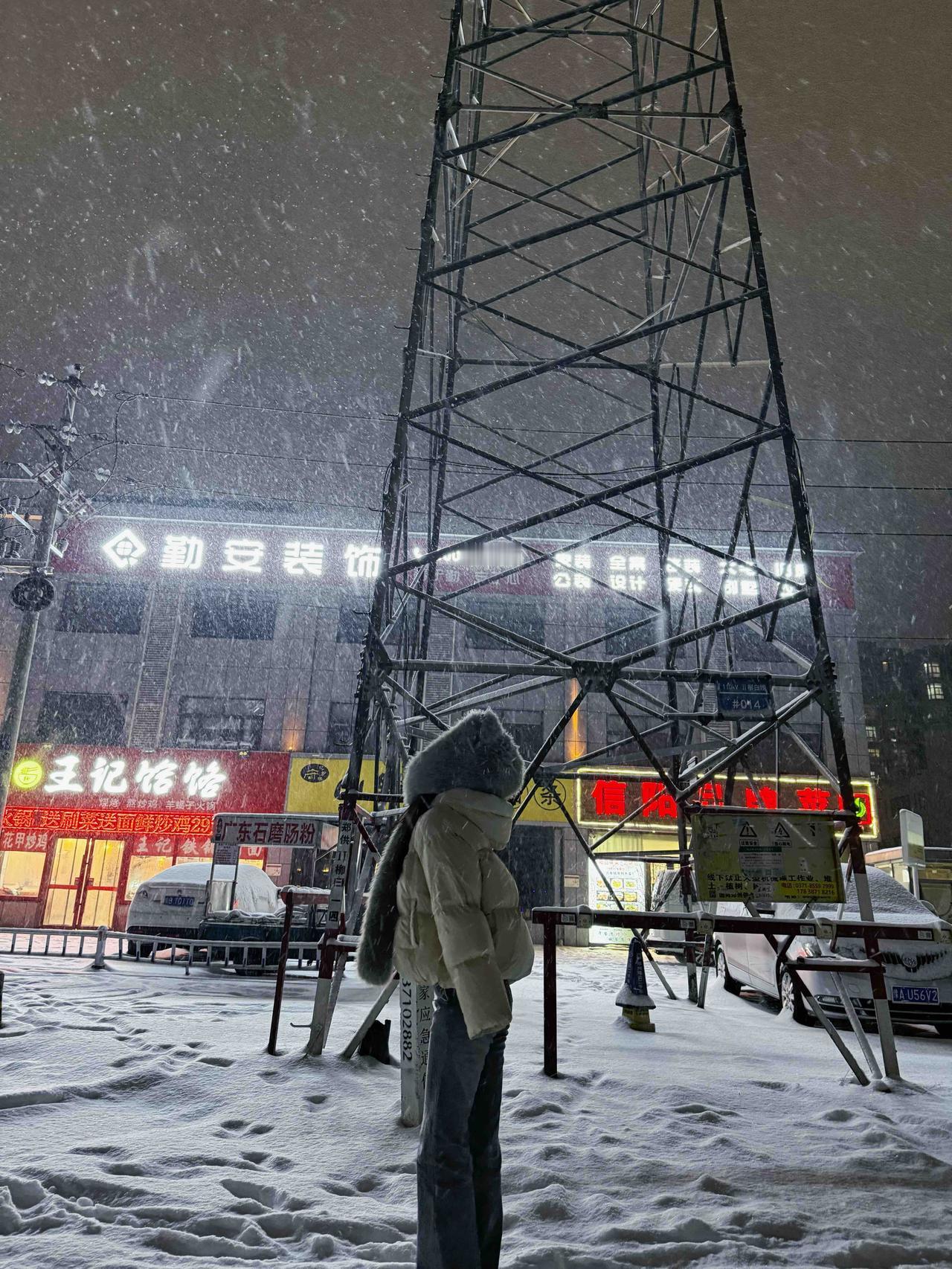 冬日雪景中的静谧时刻，雪花飘落，街灯昏黄，仿佛置身童话世界。