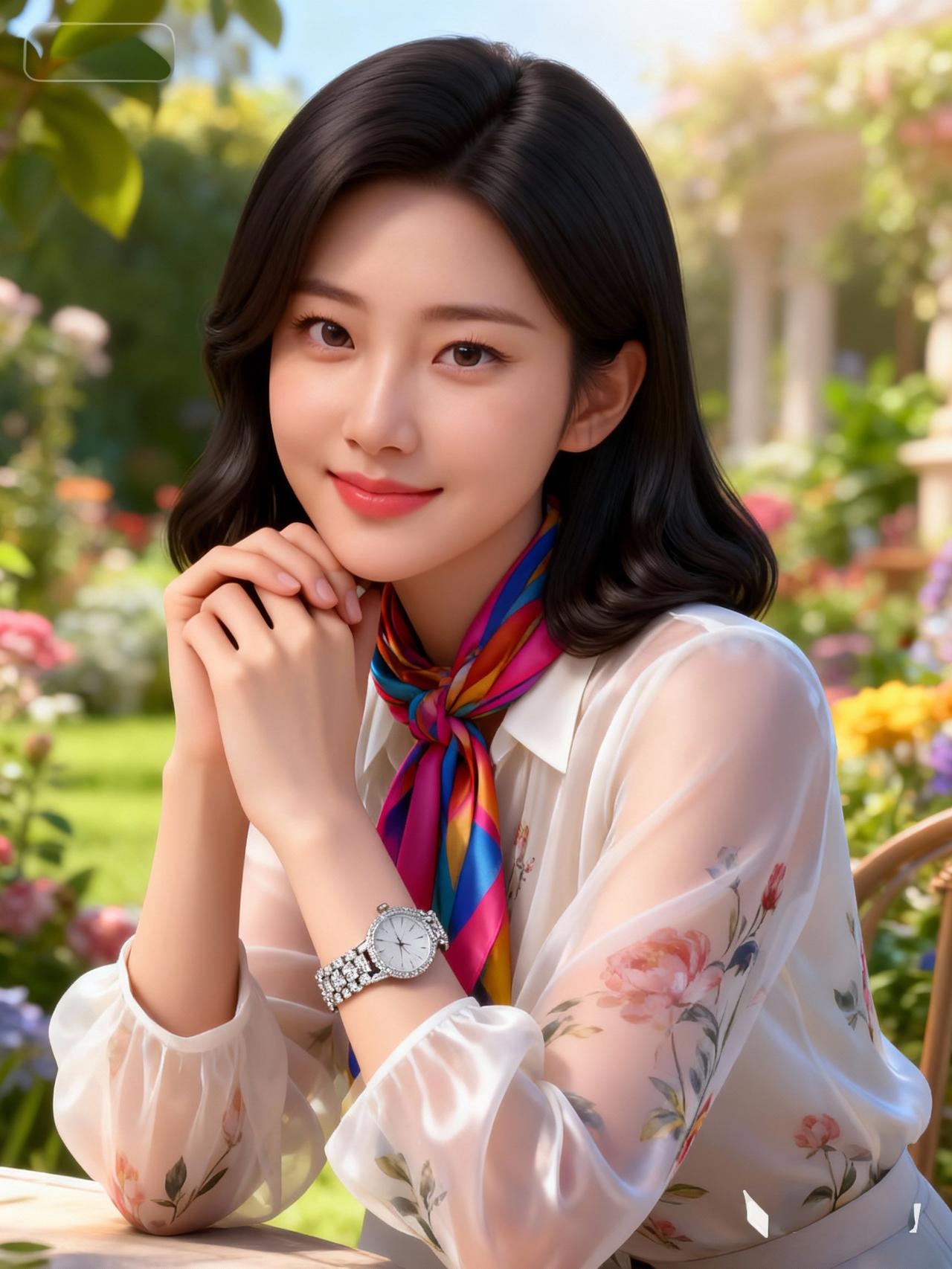 温柔微笑，花海中的时尚少女