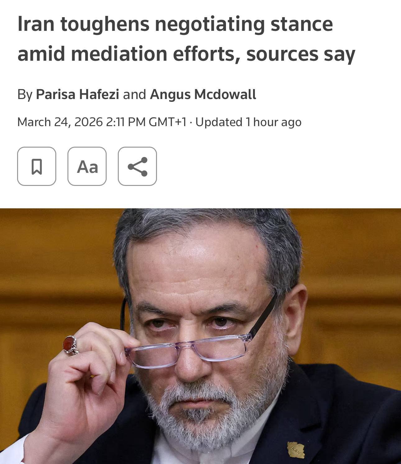 以色列被晾在原地路透社报道，伊朗在潜在谈判前采取了更为强硬的立场，要求对方做出重