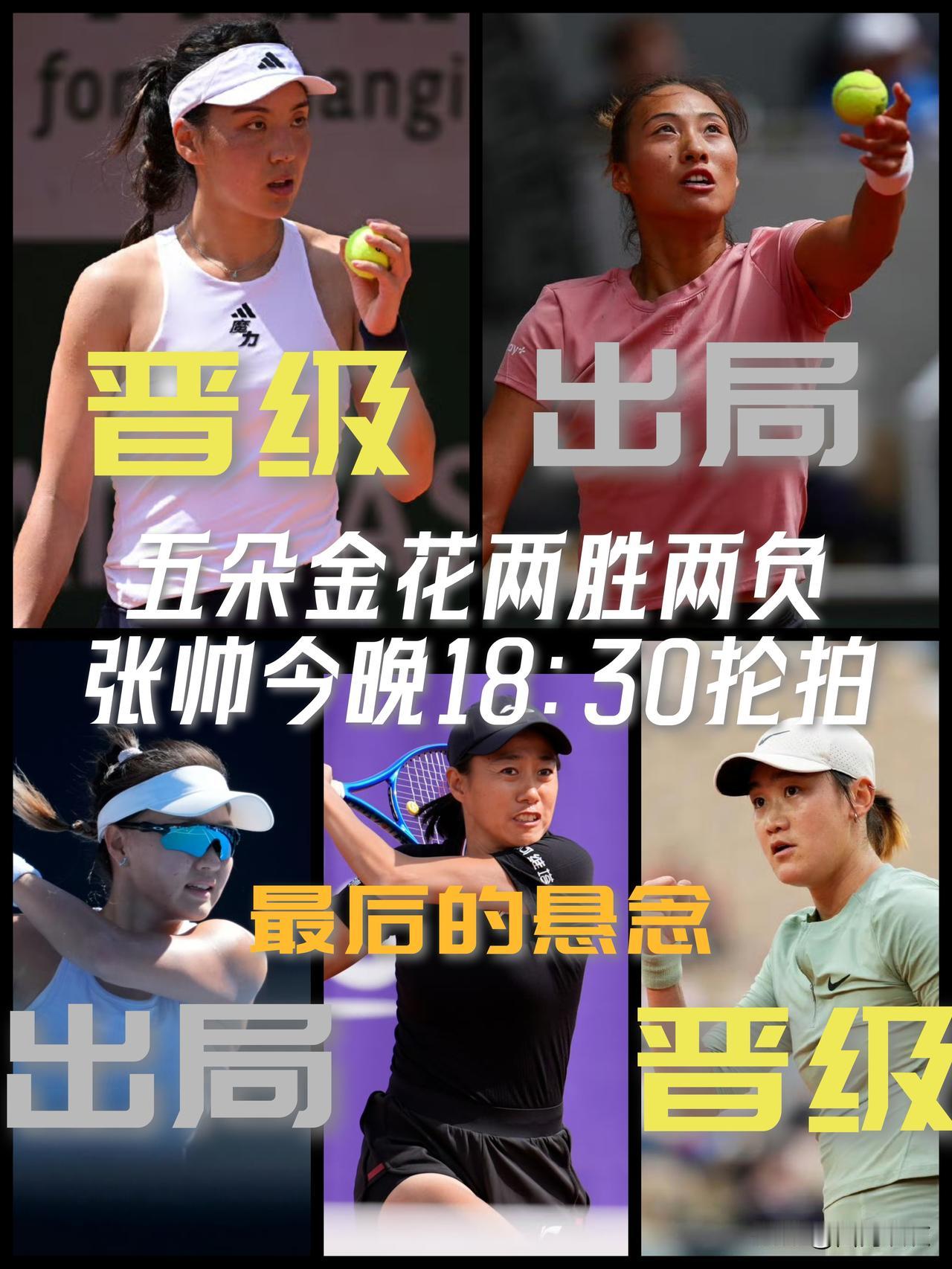 【五朵金花四人已亮相！两胜两负！最后的悬念今晚18:30看张帅！】

法网女单首