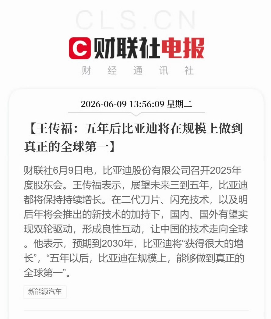 王传福称5年后比亚迪规模全球第一2025年丰田汽车：1132.3 万辆，比亚迪：