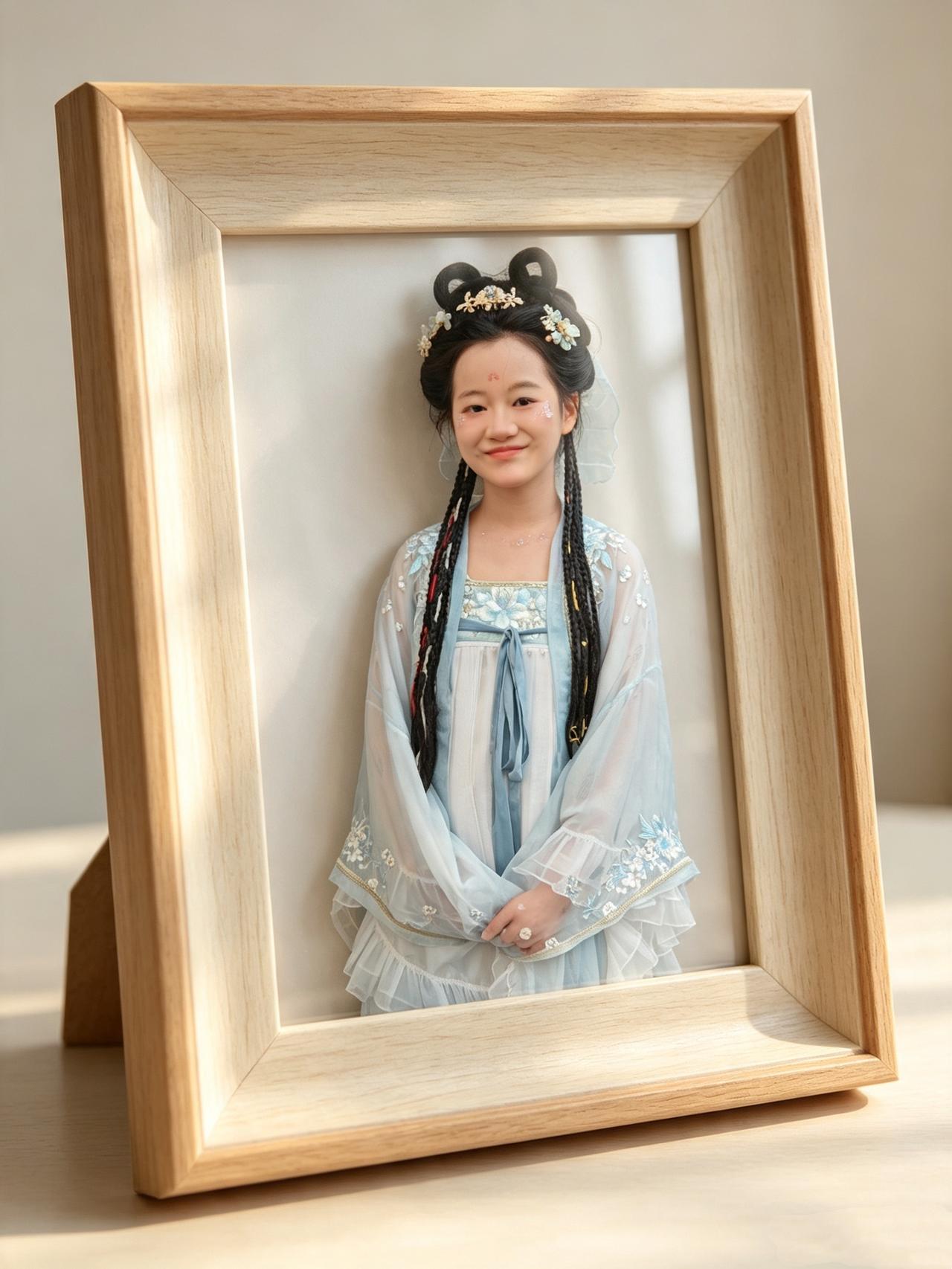 暑假娃去洛阳，换个服装化个妆，小姑娘开心了一晚上。手机随拍照然后用AI生成了个相
