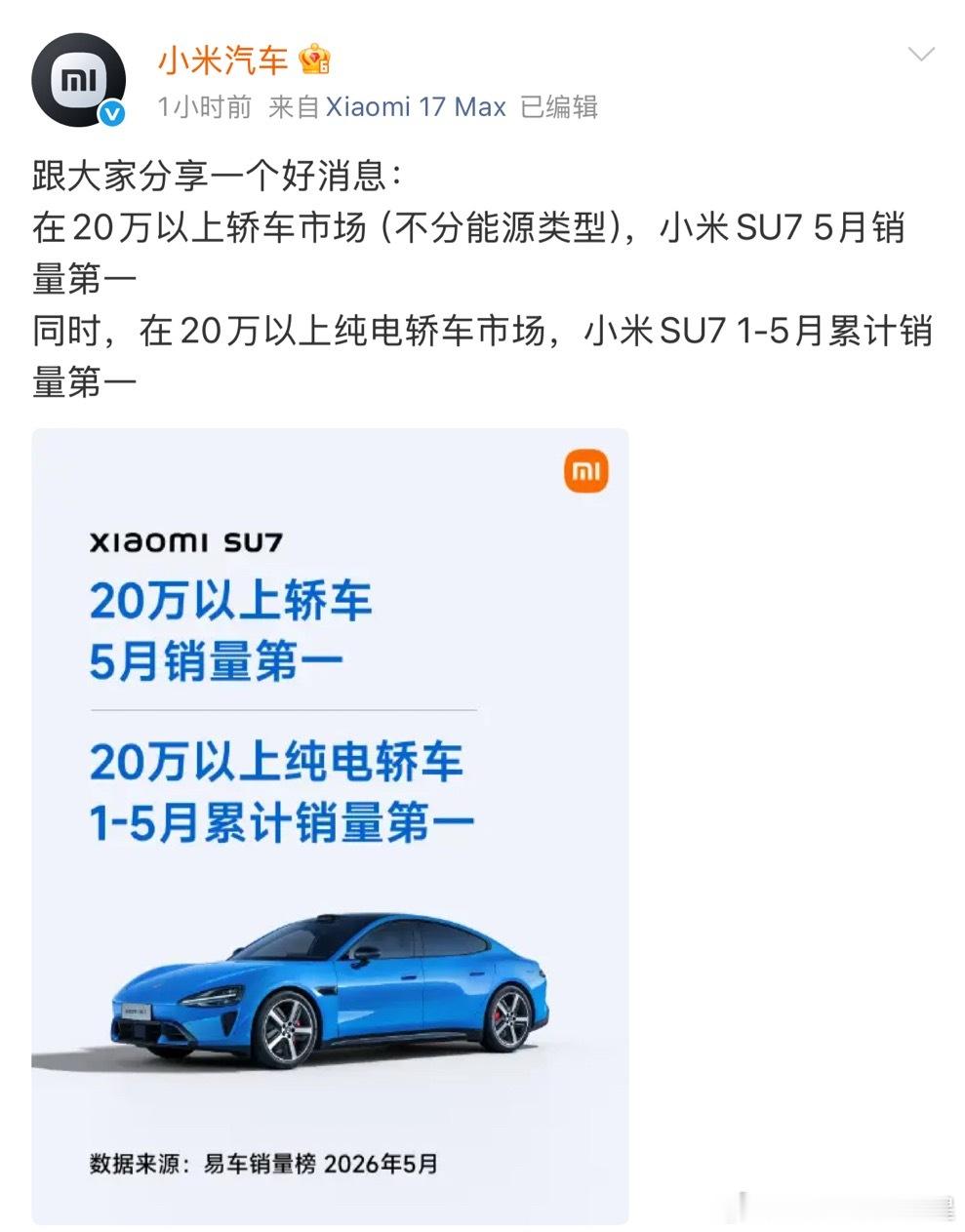 小米SU7再获销量第一一边是互联网的各种声音一边是销量咔咔猛冲如果车真的不行，怎