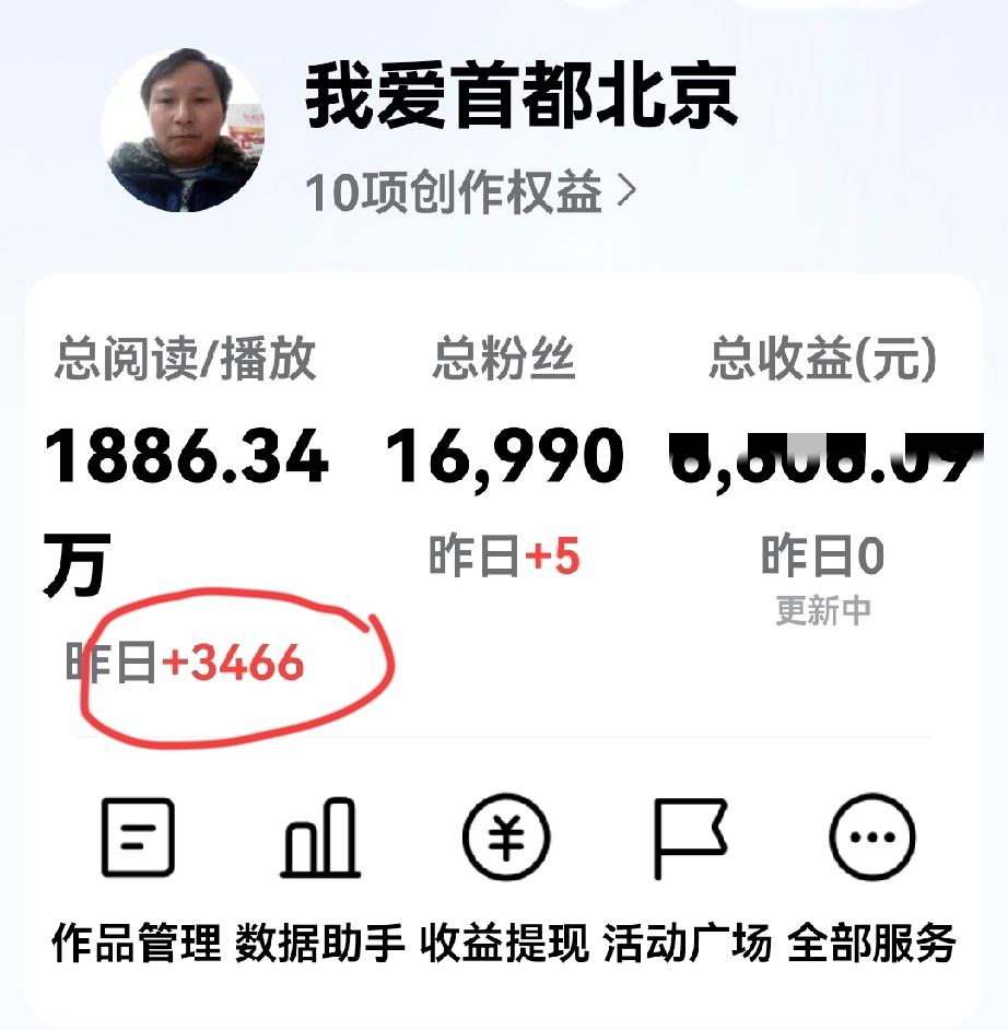 昨天的数据出来了，总数是3466。
昨天写了6篇微头条，几乎都是写苗京京与素老三