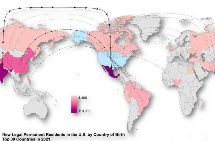 美国移民的主要来源地分布图
美国移民来源前五大国籍是:墨西哥、印度、中国、多米尼