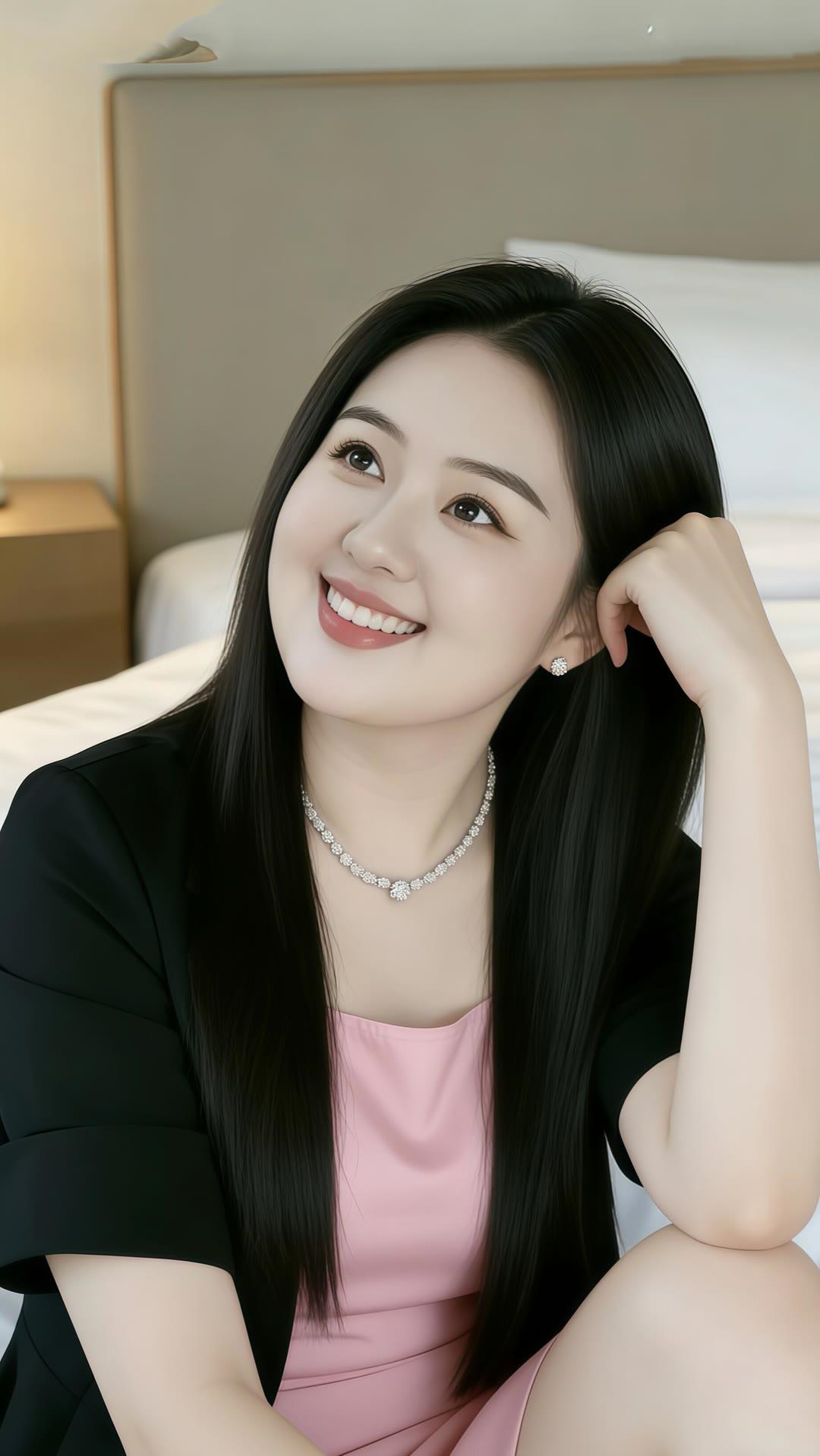 微笑的少女，粉色的裙子和珍珠项链，散发着温柔与优雅的气息。