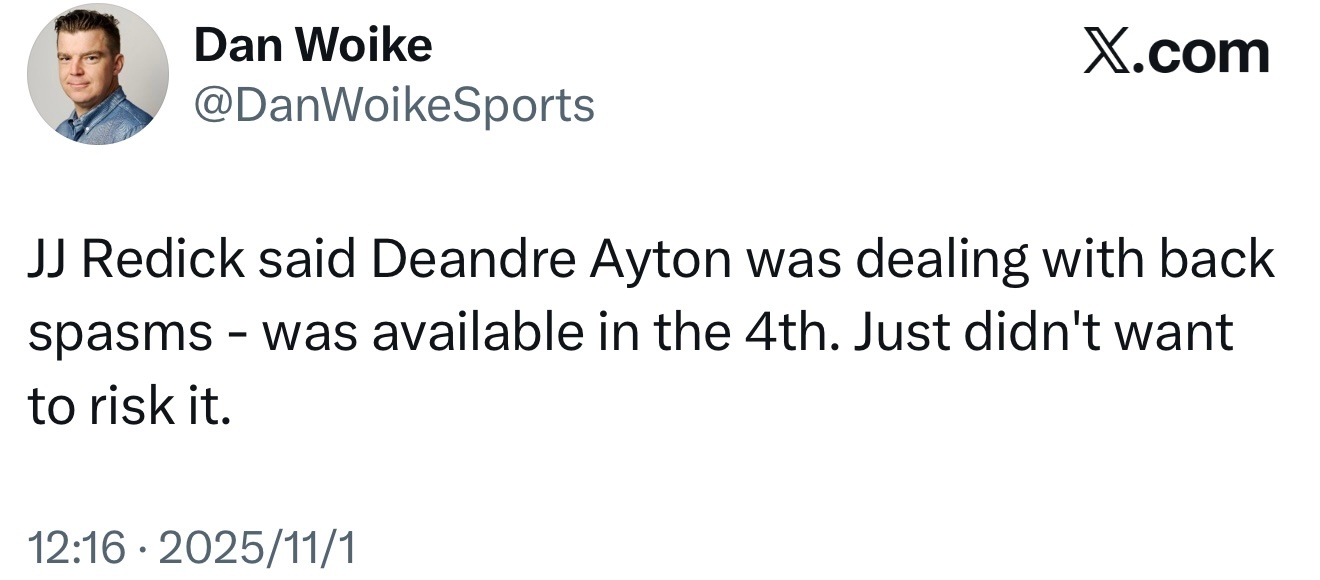 雷迪克透露，艾顿因背部痉挛未在第四节出场——虽然他当时具备上场条件，但球队不愿冒