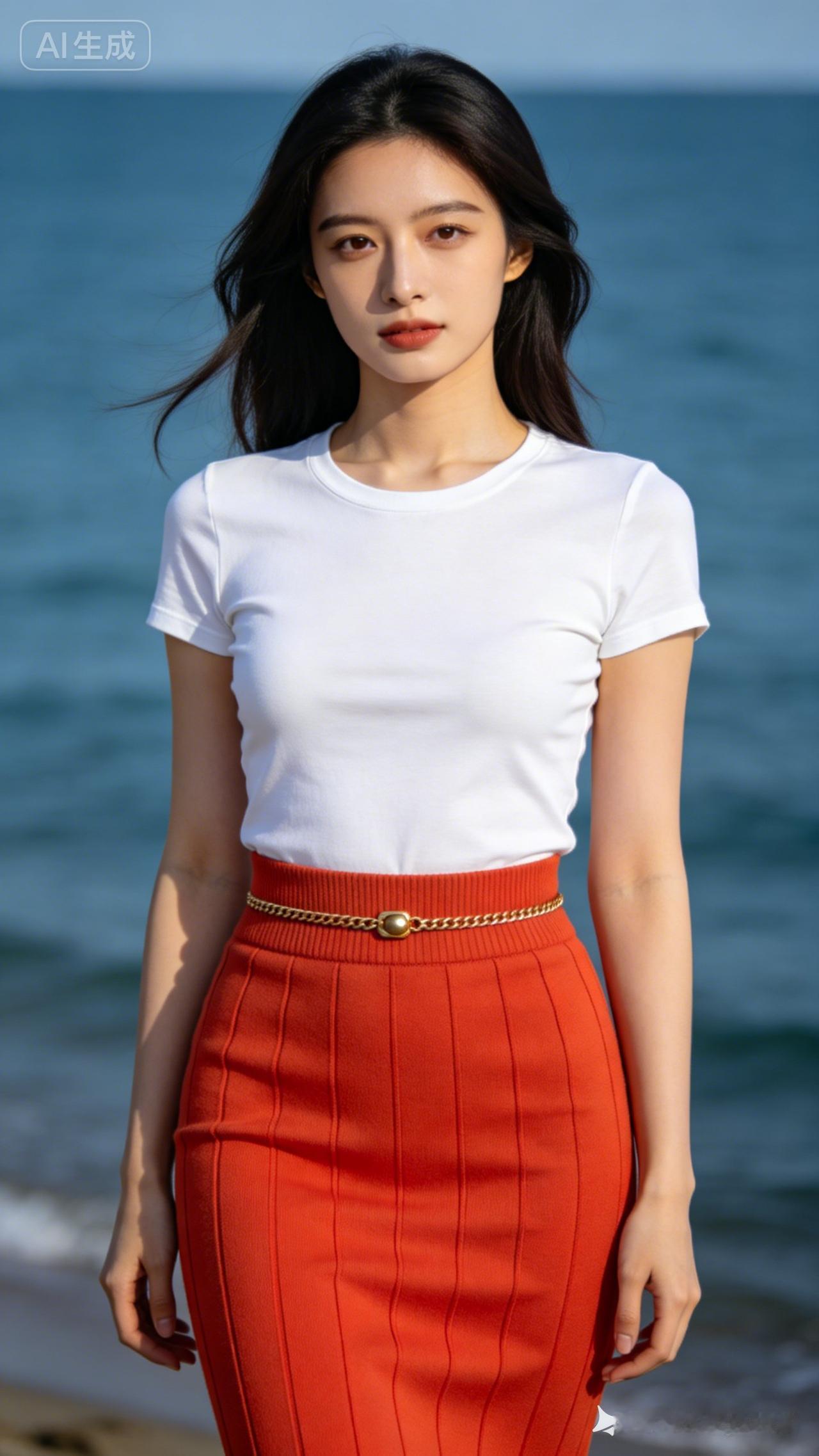 海边穿搭指南：白色T恤+红色百褶裙，清新又时尚！🌊👗