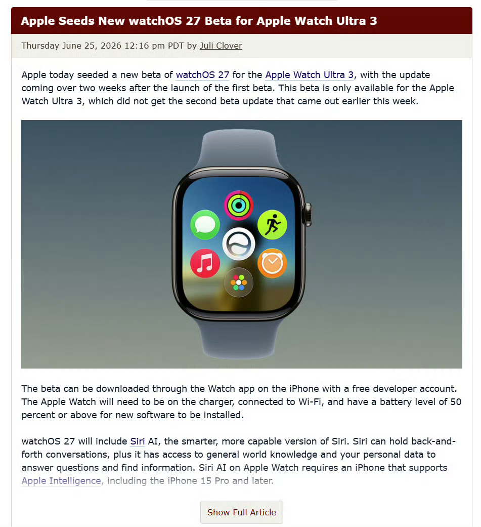 苹果今天给Apple Watch Ultra 3，推送了watchOS 27 B