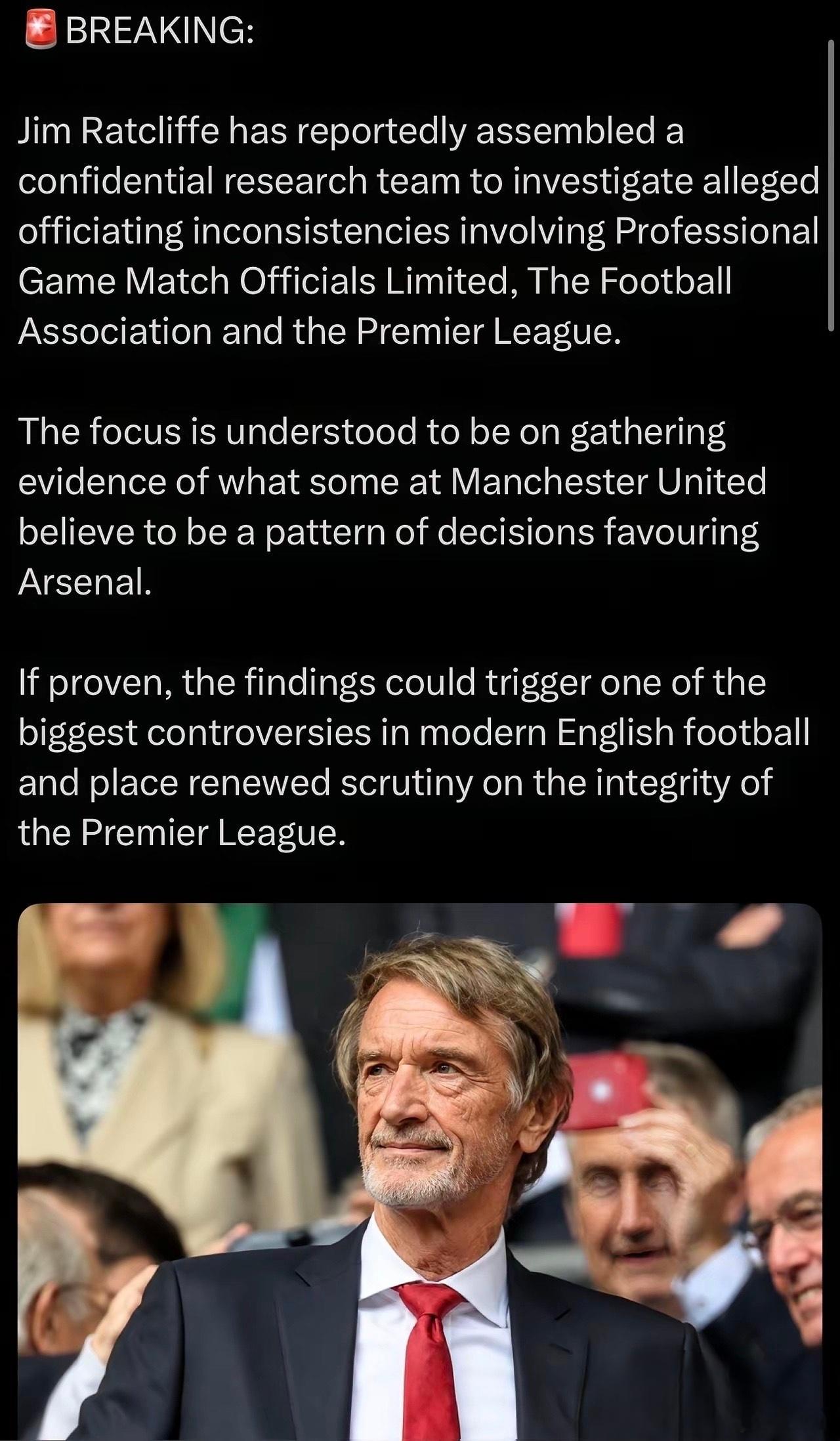 要开战了？英超裁判真没问题？没人信。但放眼全球，它还算好的。据报道，吉姆·拉特克